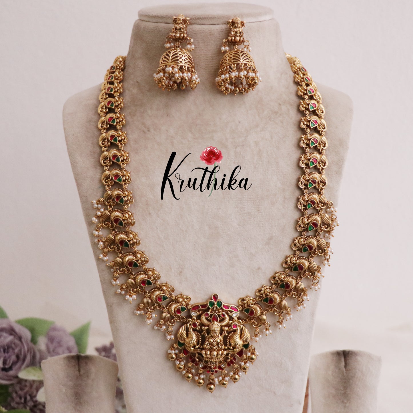Beautiful Traditional Temple Lakshmi Haaram with Jadau Stones NC2101 (Available in 2 Beads)