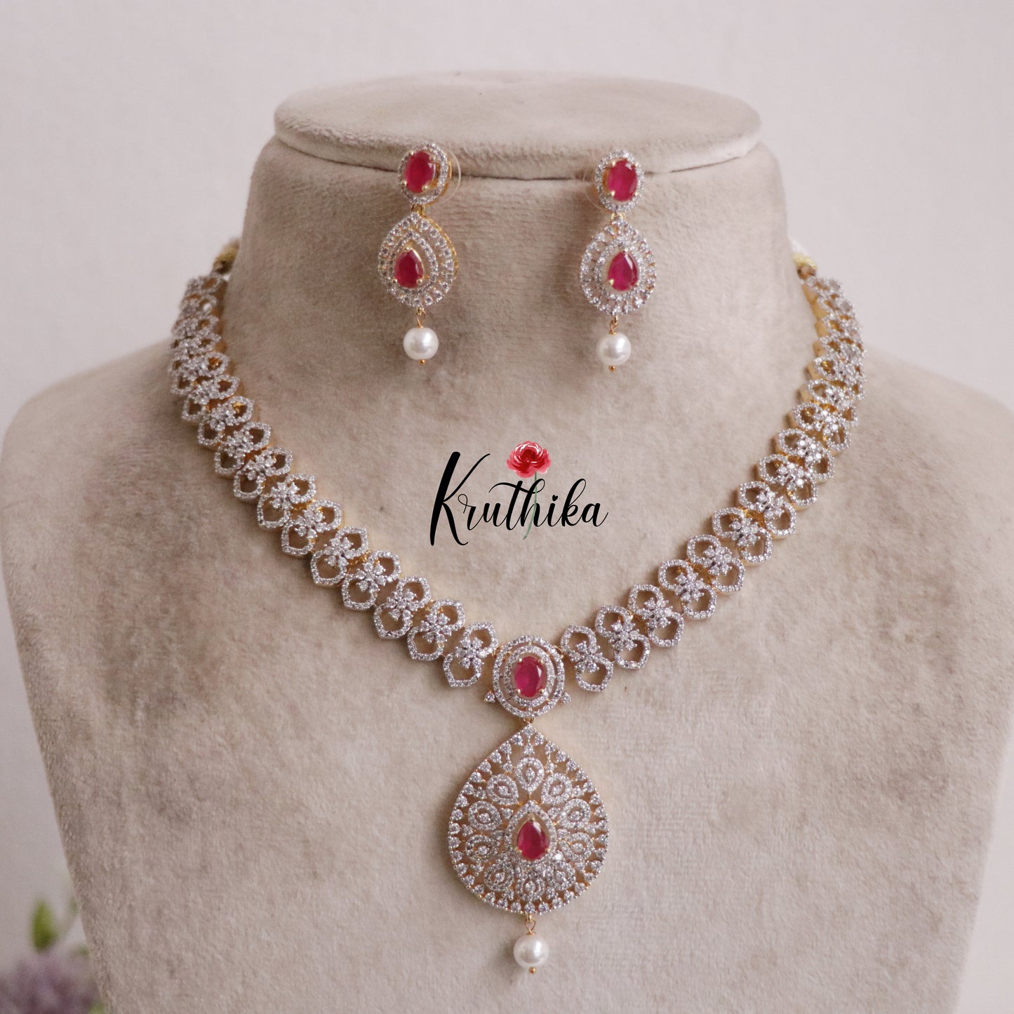 Elegant CZ Sparking Starlight Orchid with Pearl Drops Necklace NC2147 (Available In 3 Colours)