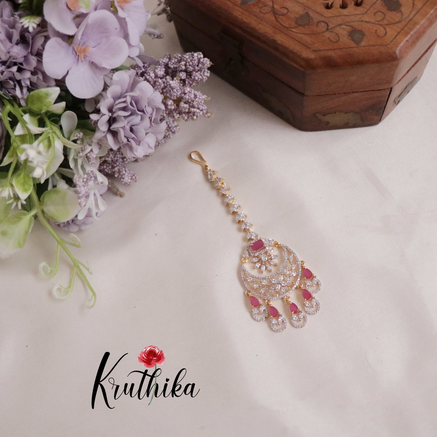 Royal Sparking CZ Blossom with Dewdrop Maang Tikka MT255 (Available in 3 Colours)