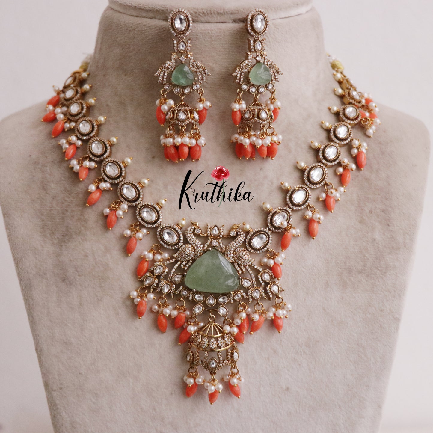 Luxury Peacock Mossiante Necklace with Peach Coral Beads NC2156