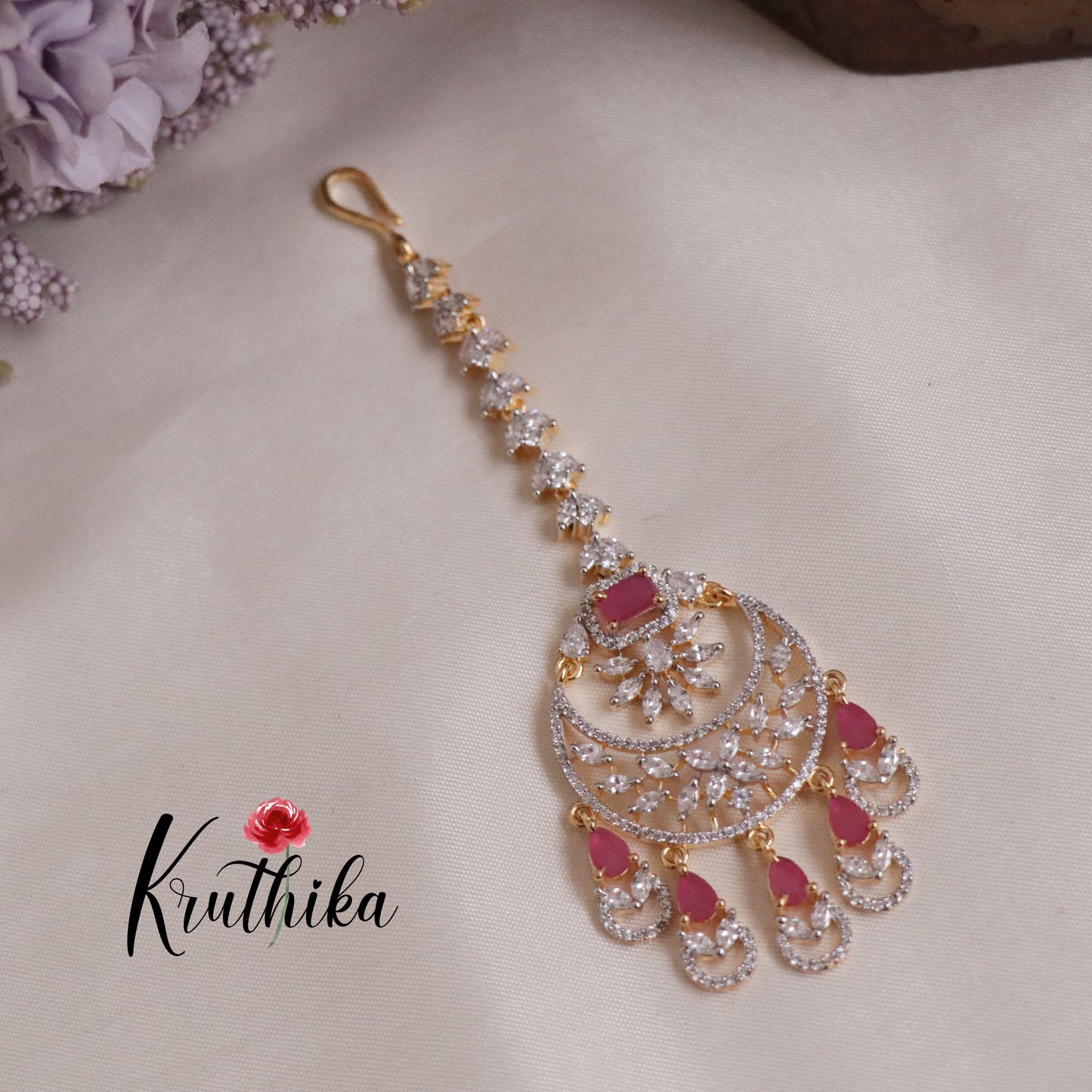 Royal Sparking CZ Blossom with Dewdrop Maang Tikka MT255 (Available in 3 Colours)