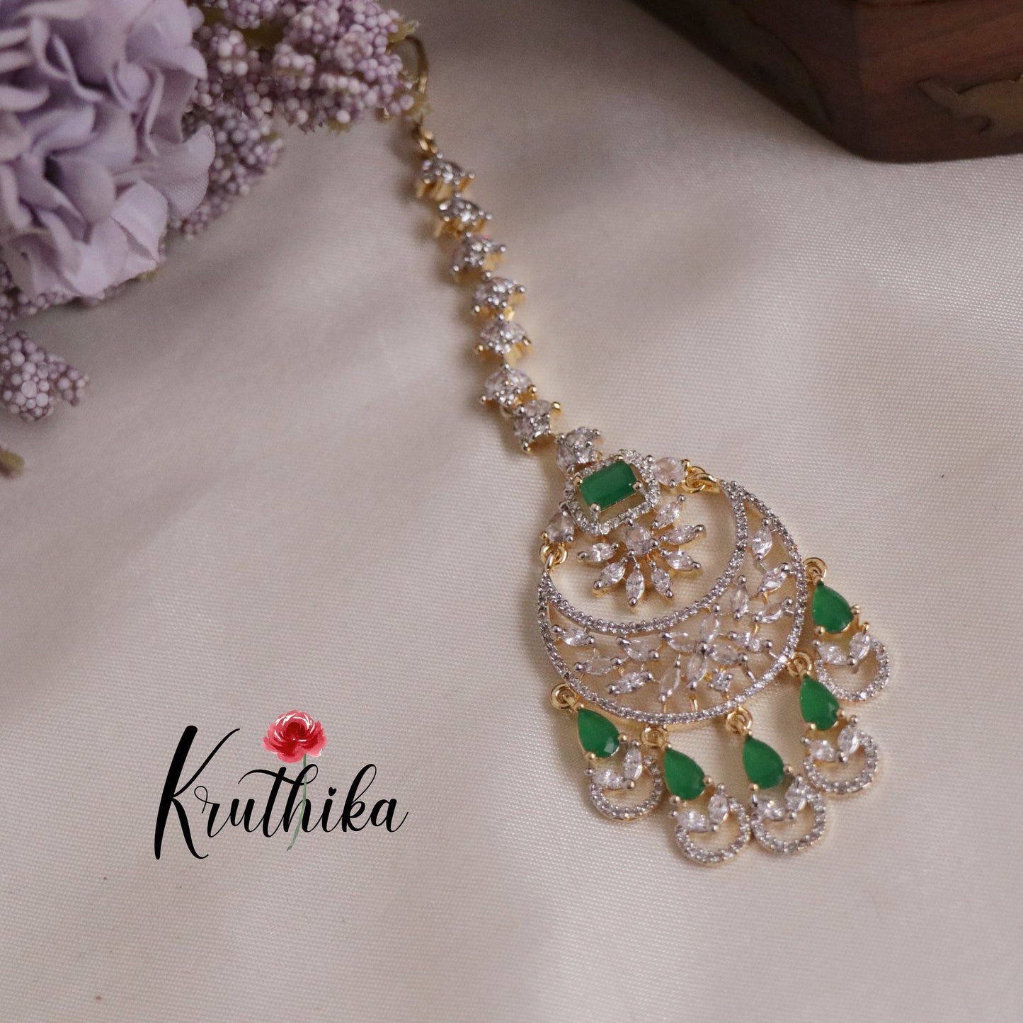 Royal Sparking CZ Blossom with Dewdrop Maang Tikka MT255 (Available in 3 Colours)