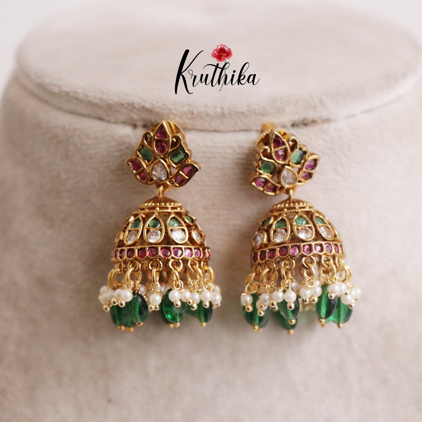 Beautiful Lotus Polki Jhumkas with Green Beads E467