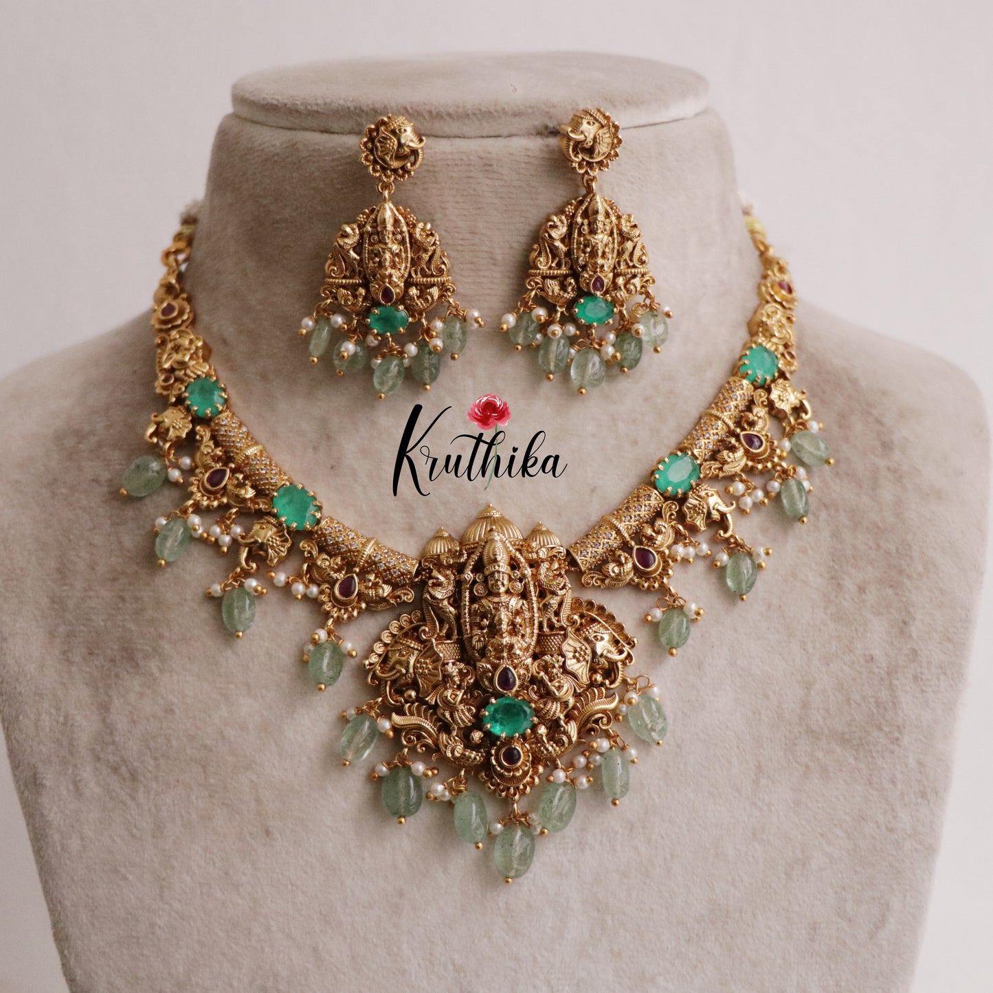 Beautiful Aqua Temple Balaji Hasli Necklace with Pastel Green Beads Drops NC2329