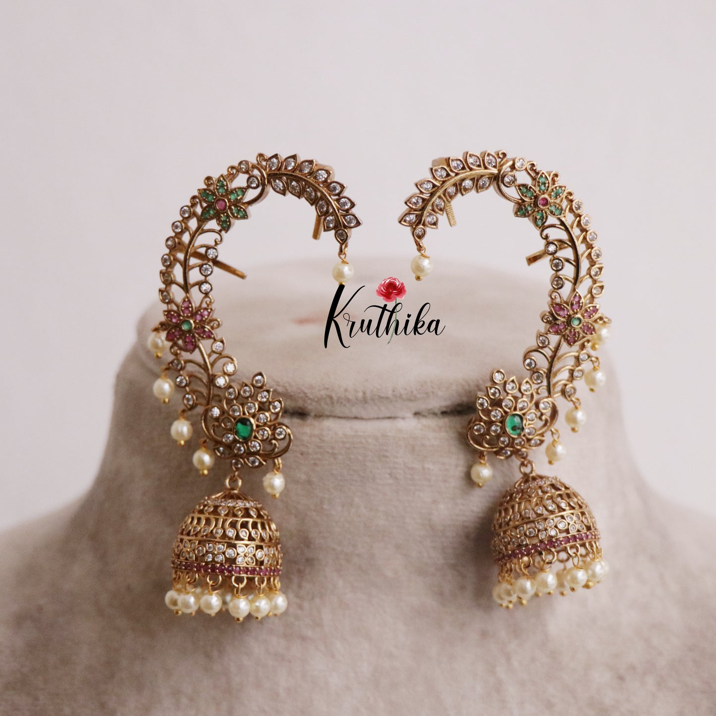 Premium Floral Crescent Earcuff with Jhumkas E469