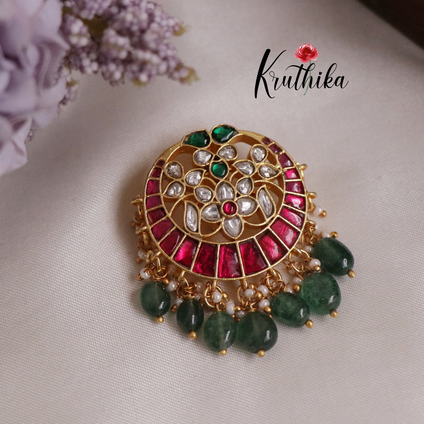 Beautiful Chandabali Kundan Jadau Jada Billa with Green Beads Drops J186