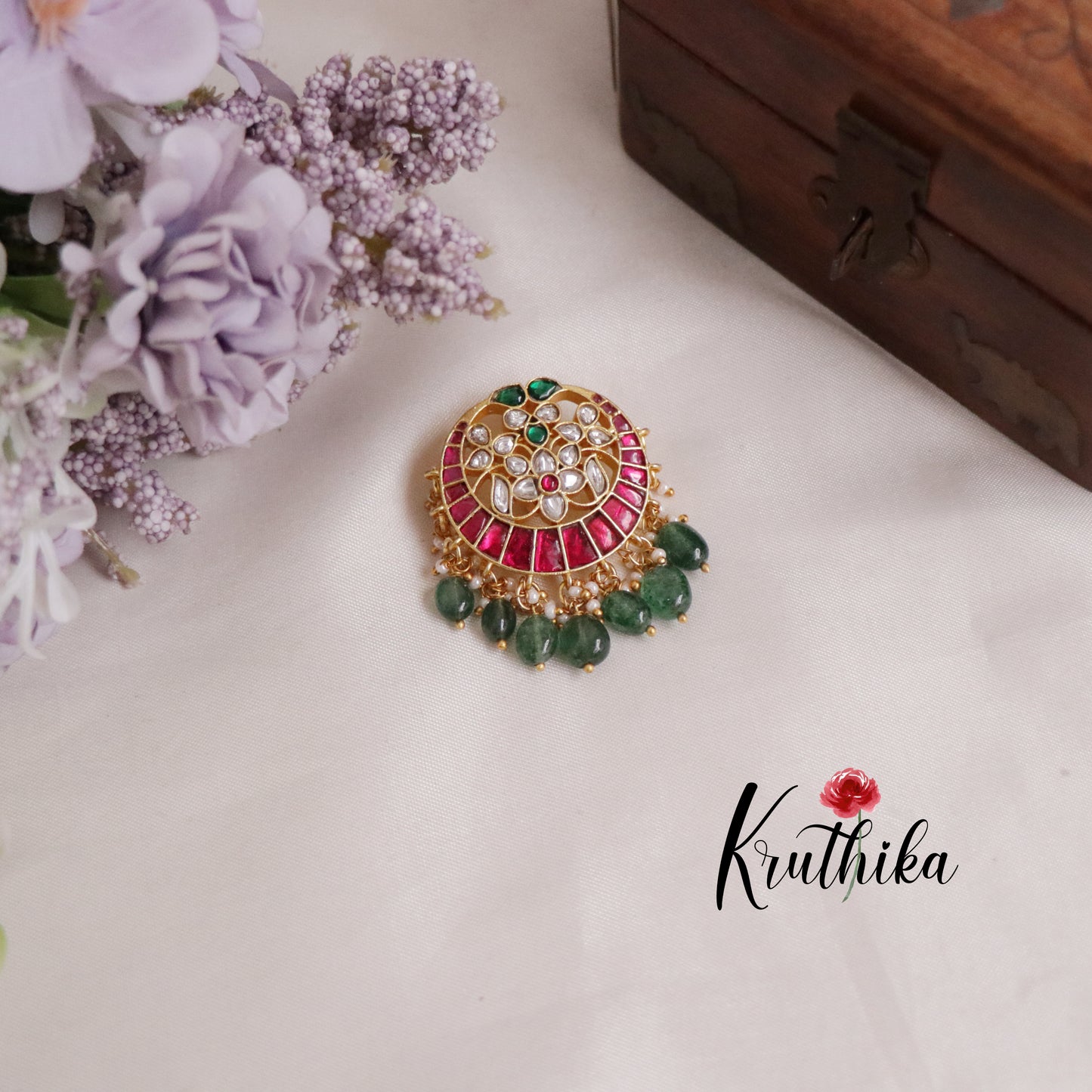 Beautiful Chandabali Kundan Jadau Jada Billa with Green Beads Drops J186