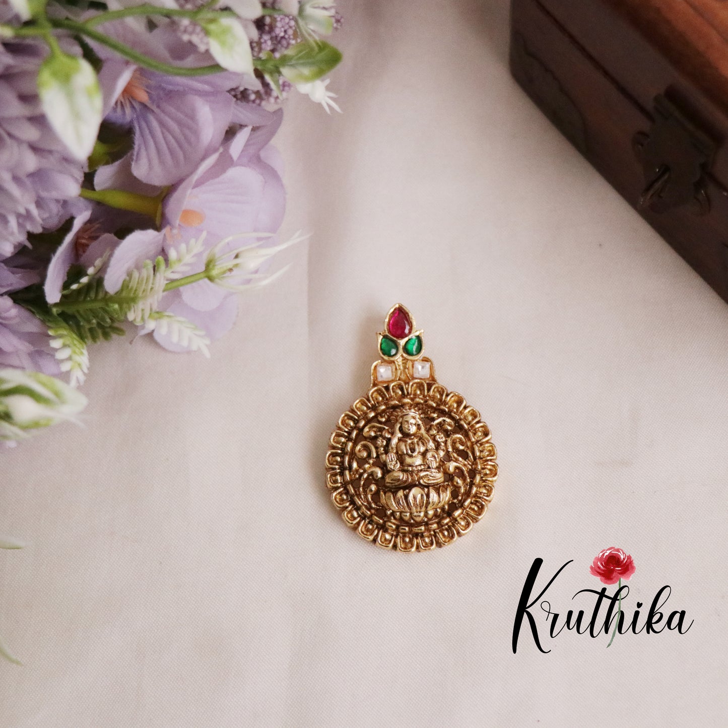 Trendy Multi Stone Temple Lakshmi Pendant Set PS18