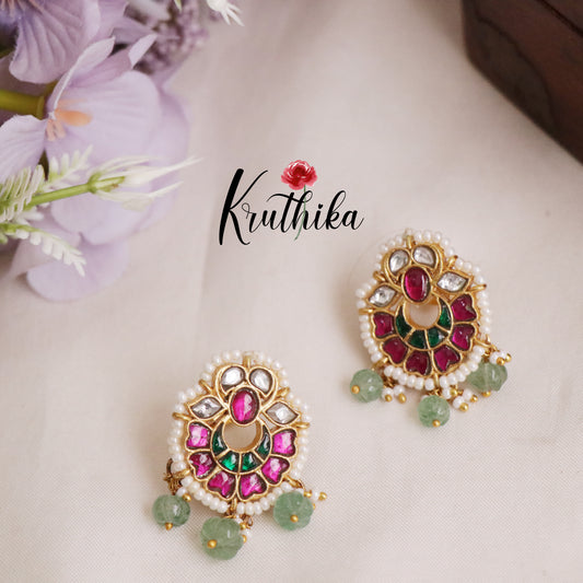 Trendy Chand Bali Jadau Studs with Pastel Green Beads Drops E428