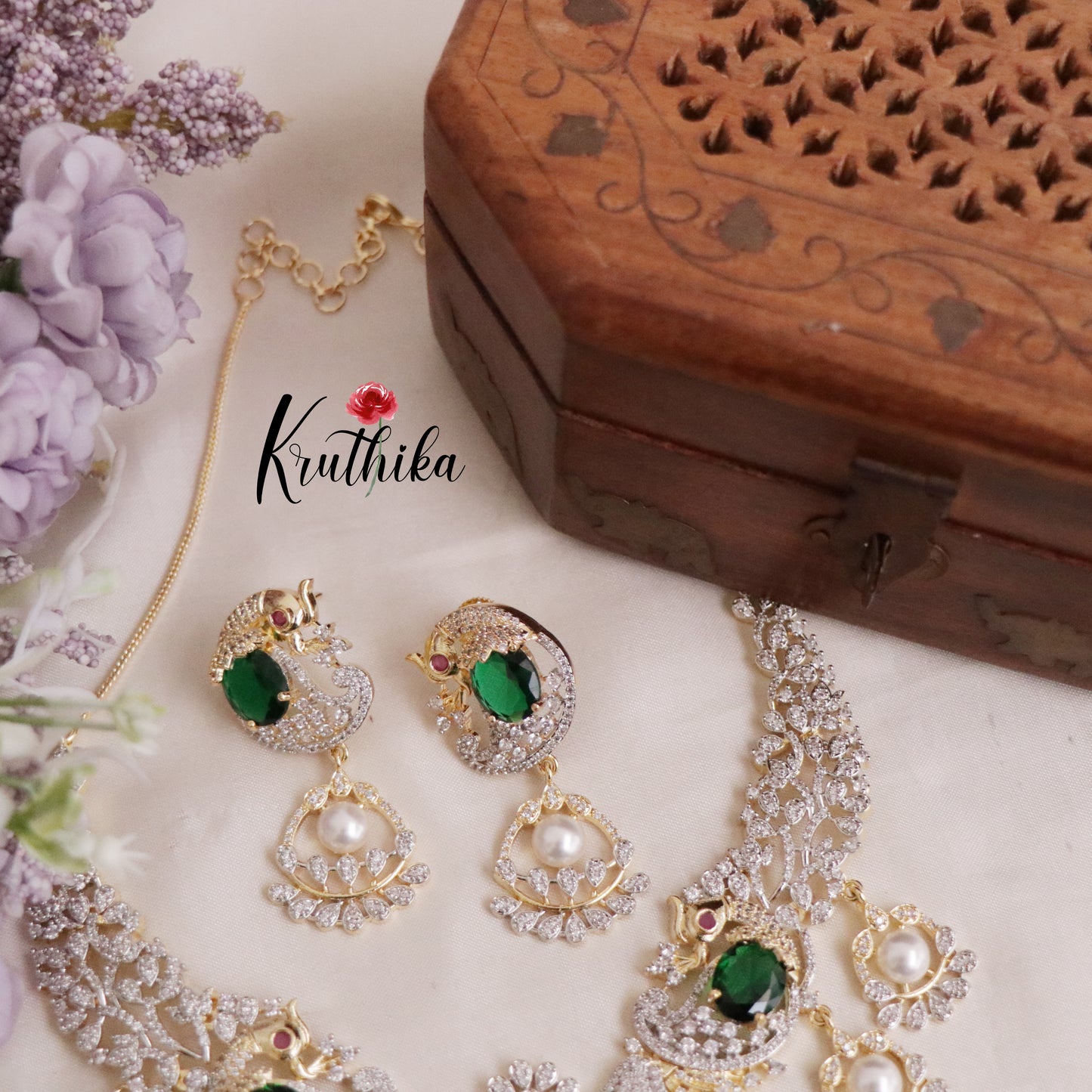 Grand CZ Pearl Bridal Empress Emerald Graceful Drops Necklace Set NC2091