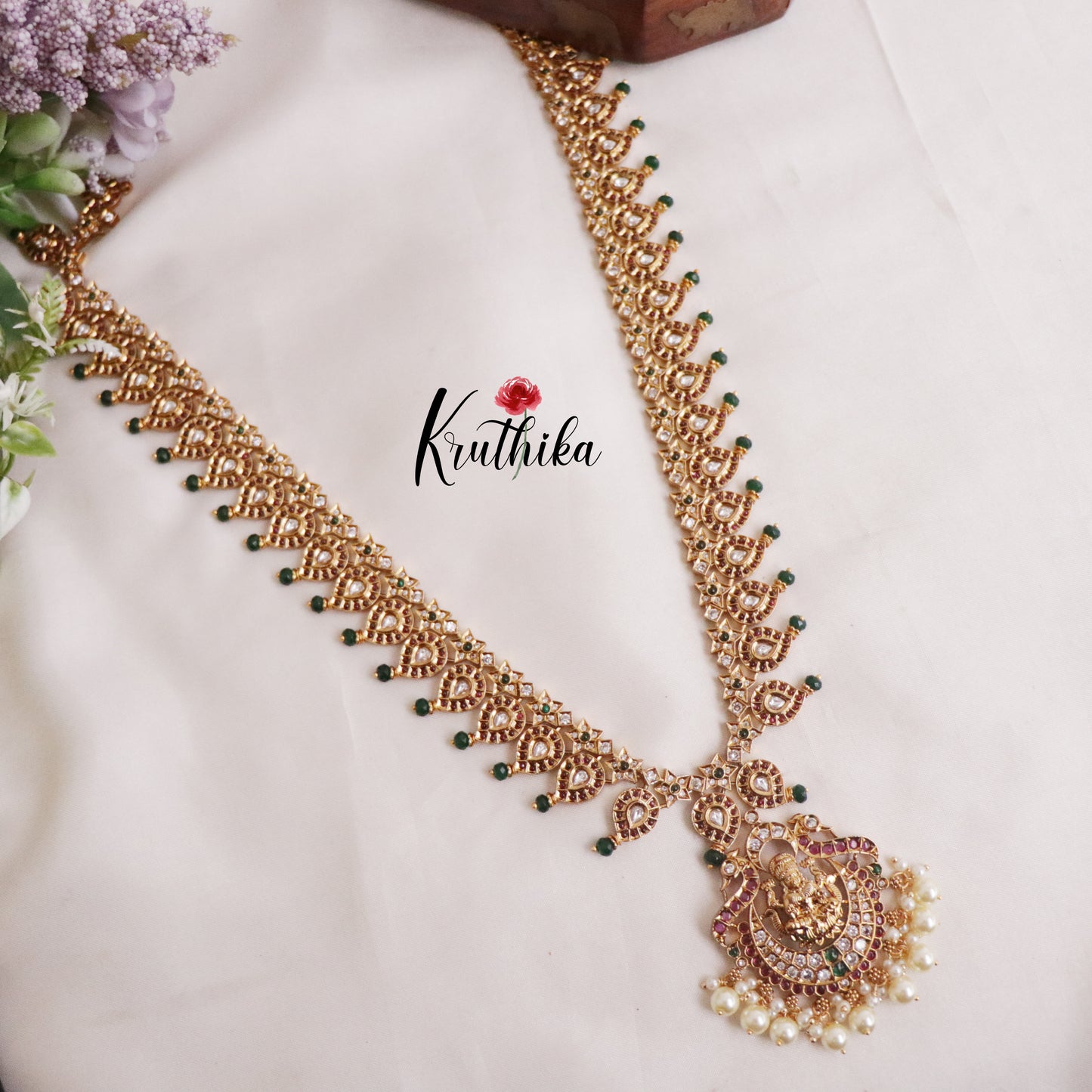Grand Antique Kemp Temple Lakshmi Haaram with Pearls Drops LH1929