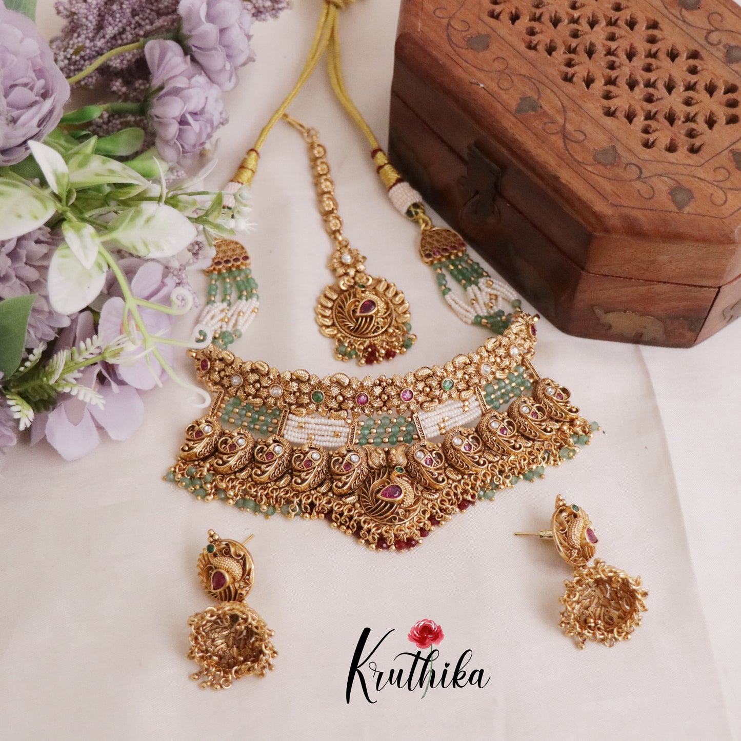 Luxury AD Floral Peacock Design Multi Stone Bridal Choker NC2112