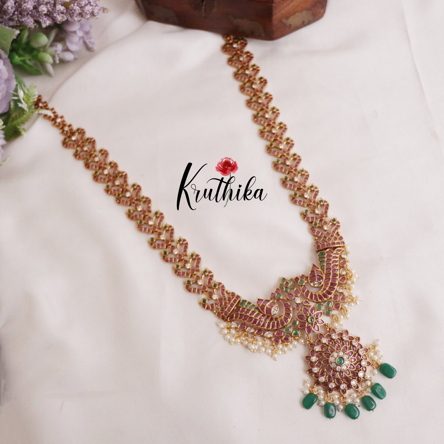 Premium Antique Kemp Peacock Long Haaram with Green Beads Drops LH1928