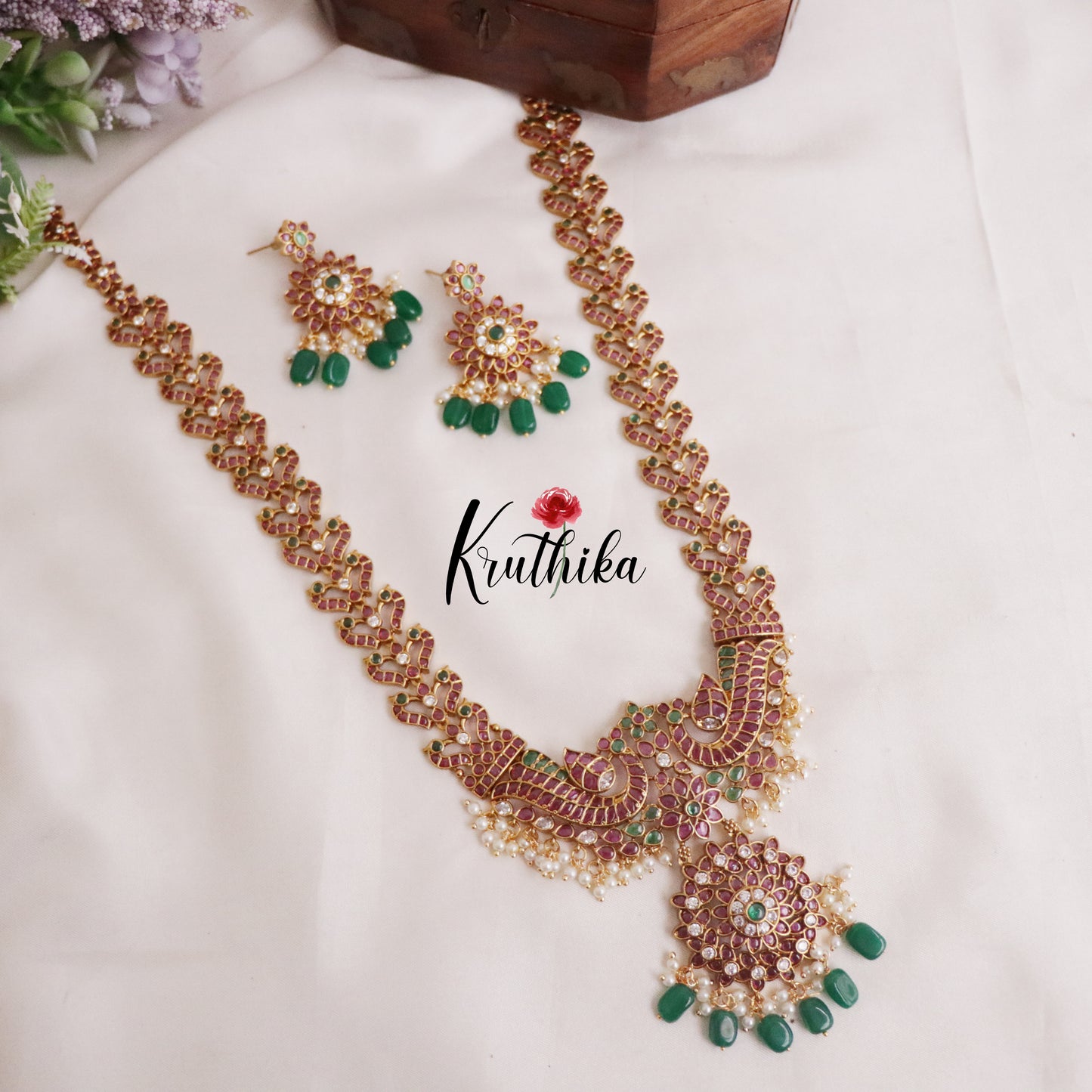 Premium Antique Kemp Peacock Long Haaram with Green Beads Drops LH1928