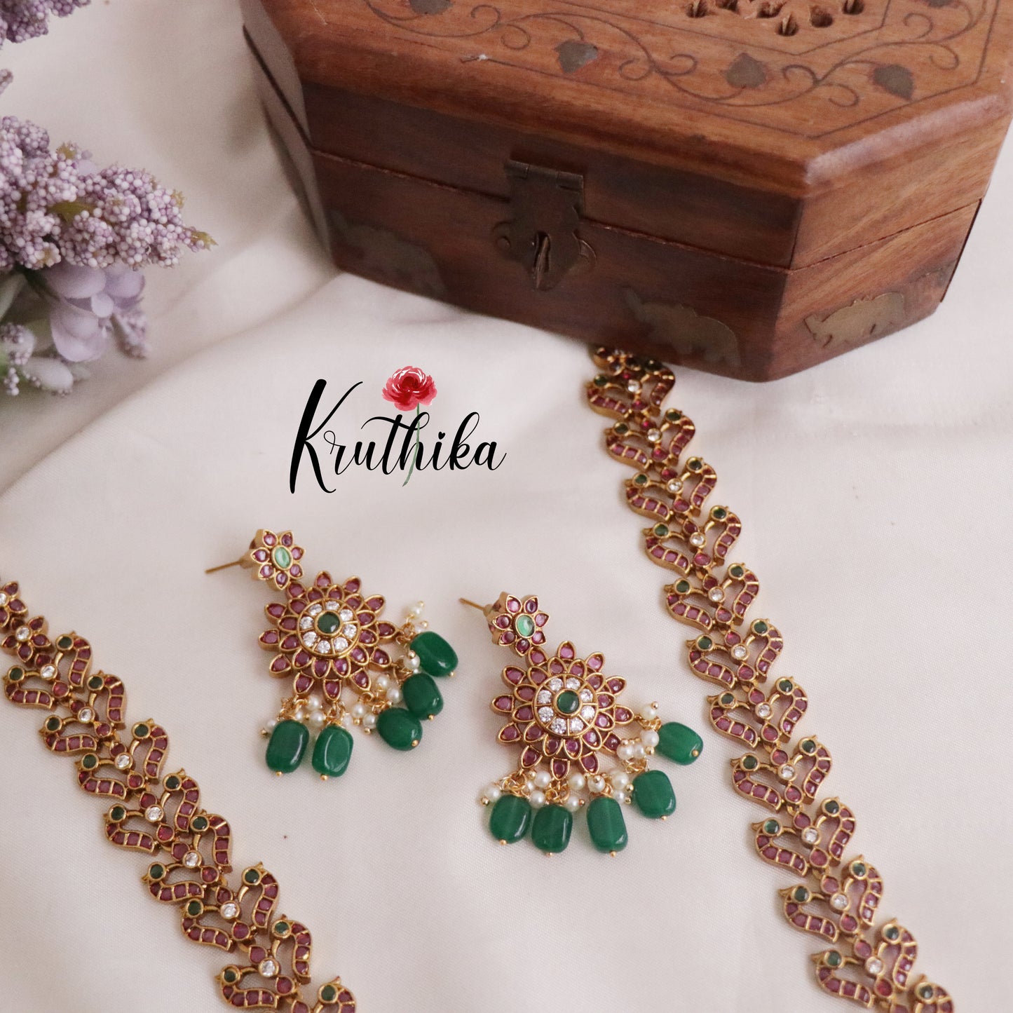 Premium Antique Kemp Peacock Long Haaram with Green Beads Drops LH1928