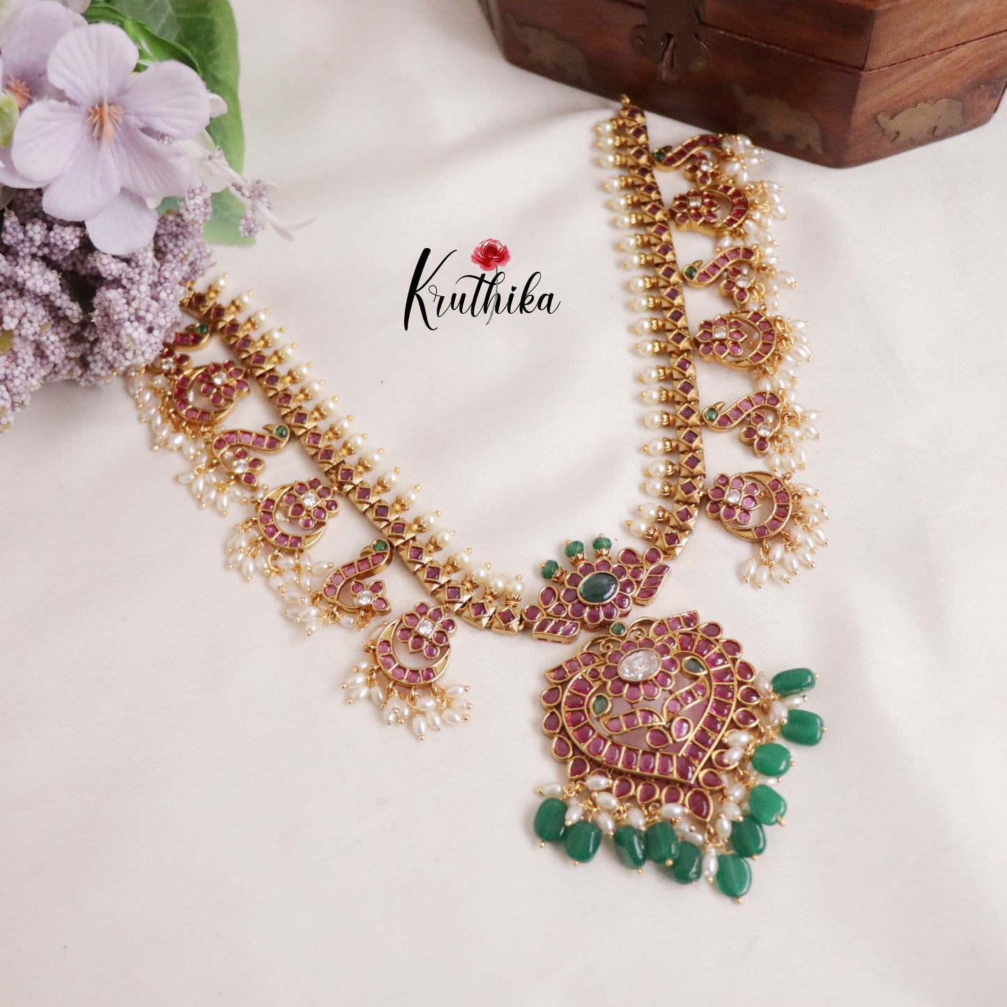Royal Mayuri Antique Kemp Peacock Necklace with Green Beads drops NC2142