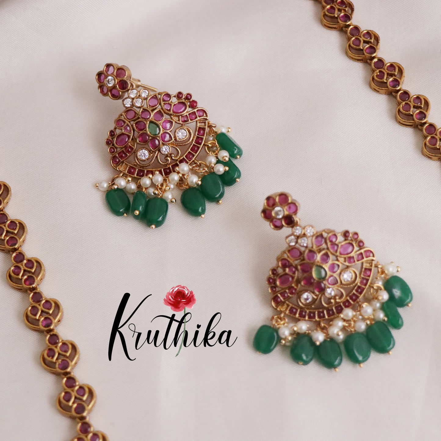 Grand Antique Kemp Pushpika Haaram with Green Beads Drops LH1933