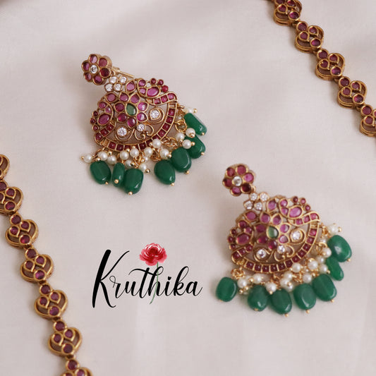 Grand Antique Kemp Pushpika Haaram with Green Beads Drops LH1933