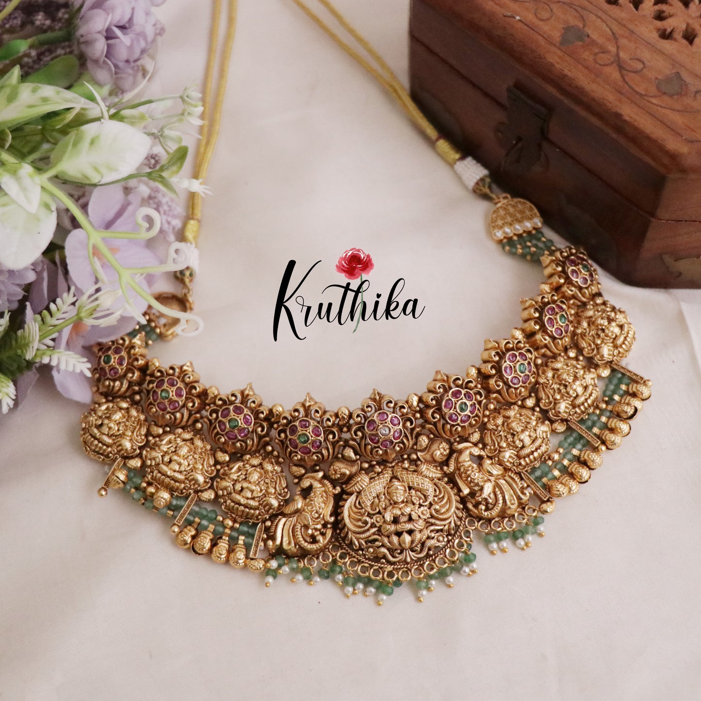 Exclusive Bridal Temple Lakshmi Devi AD Jadau Chocker with Pastel Green Beads NC2111