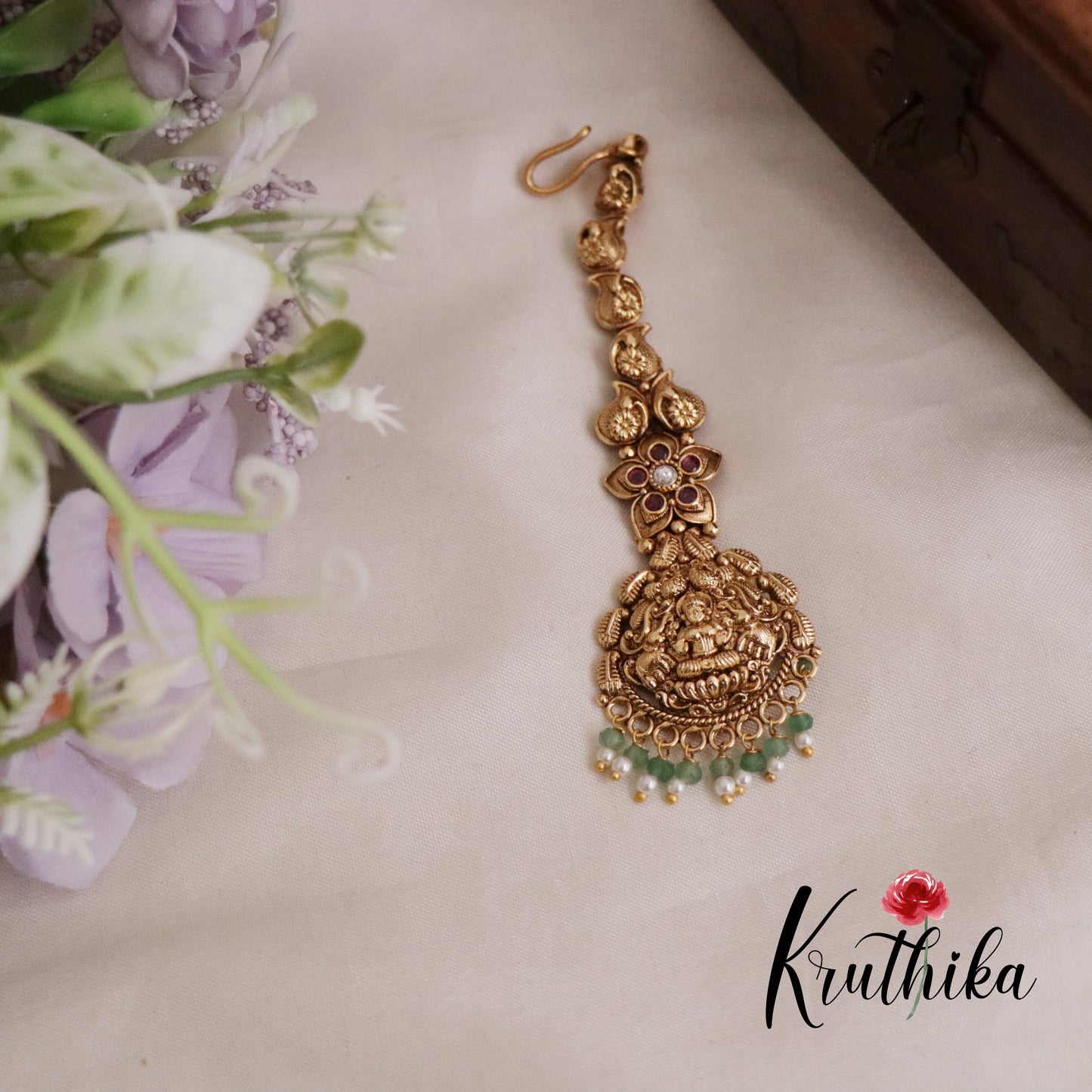 Exclusive Bridal Temple Lakshmi Devi AD Jadau Chocker with Pastel Green Beads NC2111