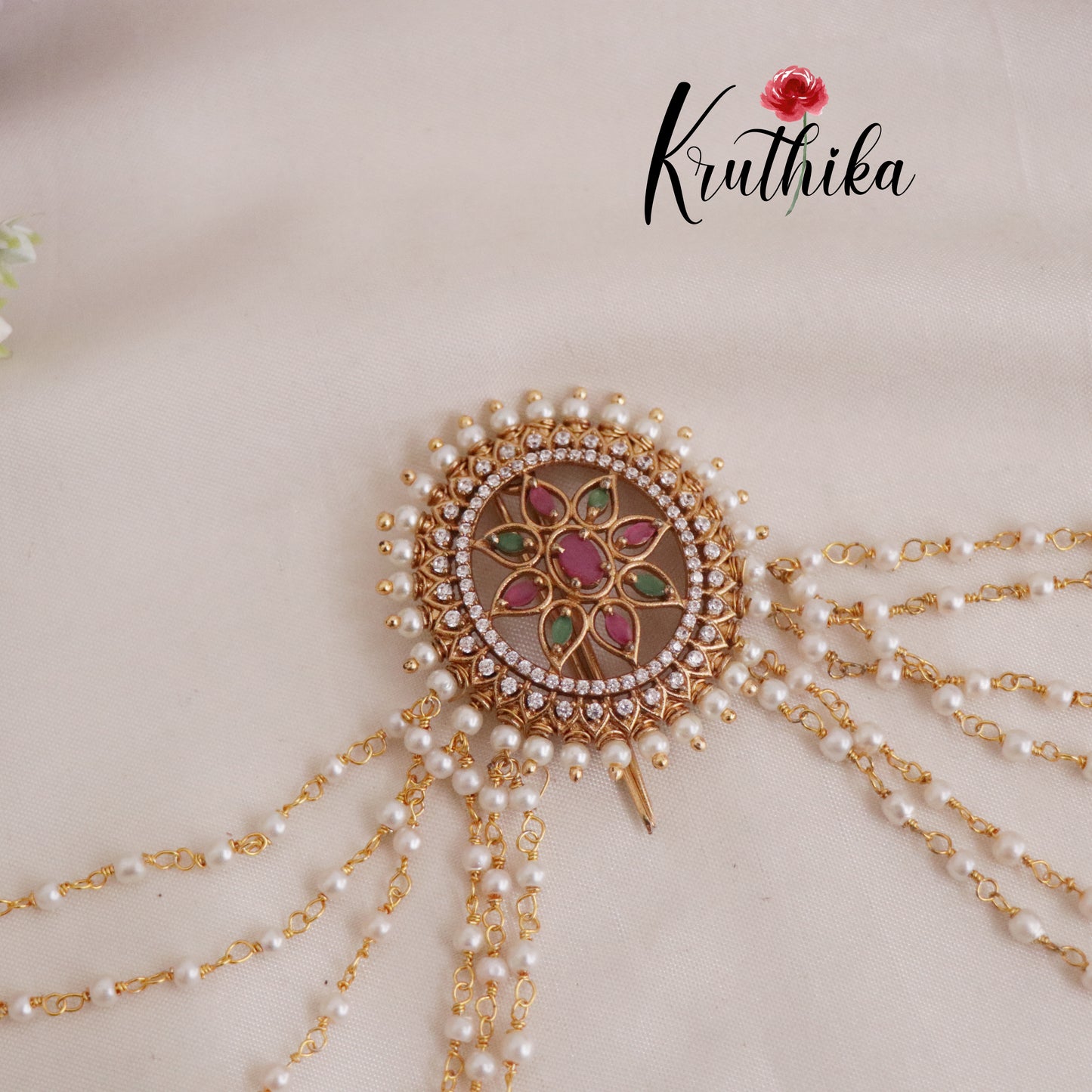 Beautiful Kemp Floral Jada Billa With Multi Strand Pearl Bead Chains J278