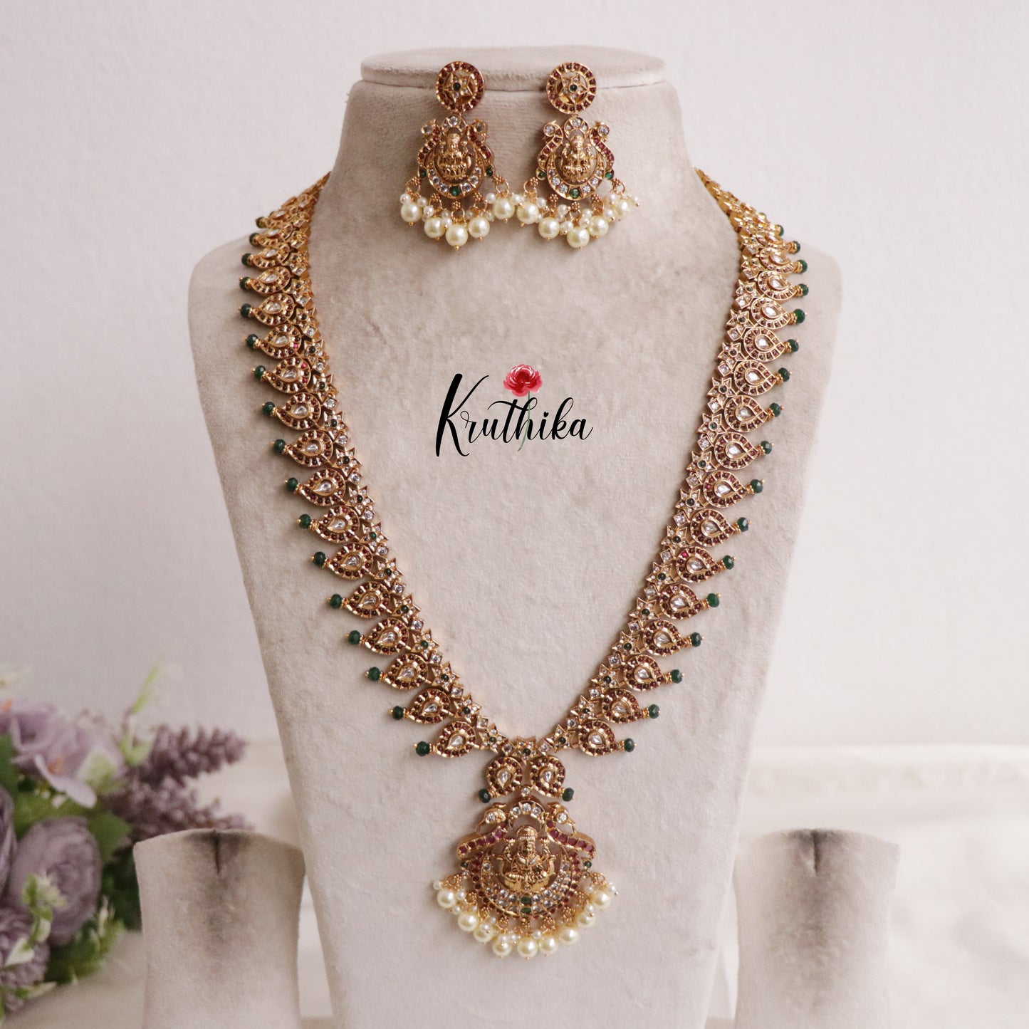 Grand Antique Kemp Temple Lakshmi Haaram with Pearls Drops LH1929