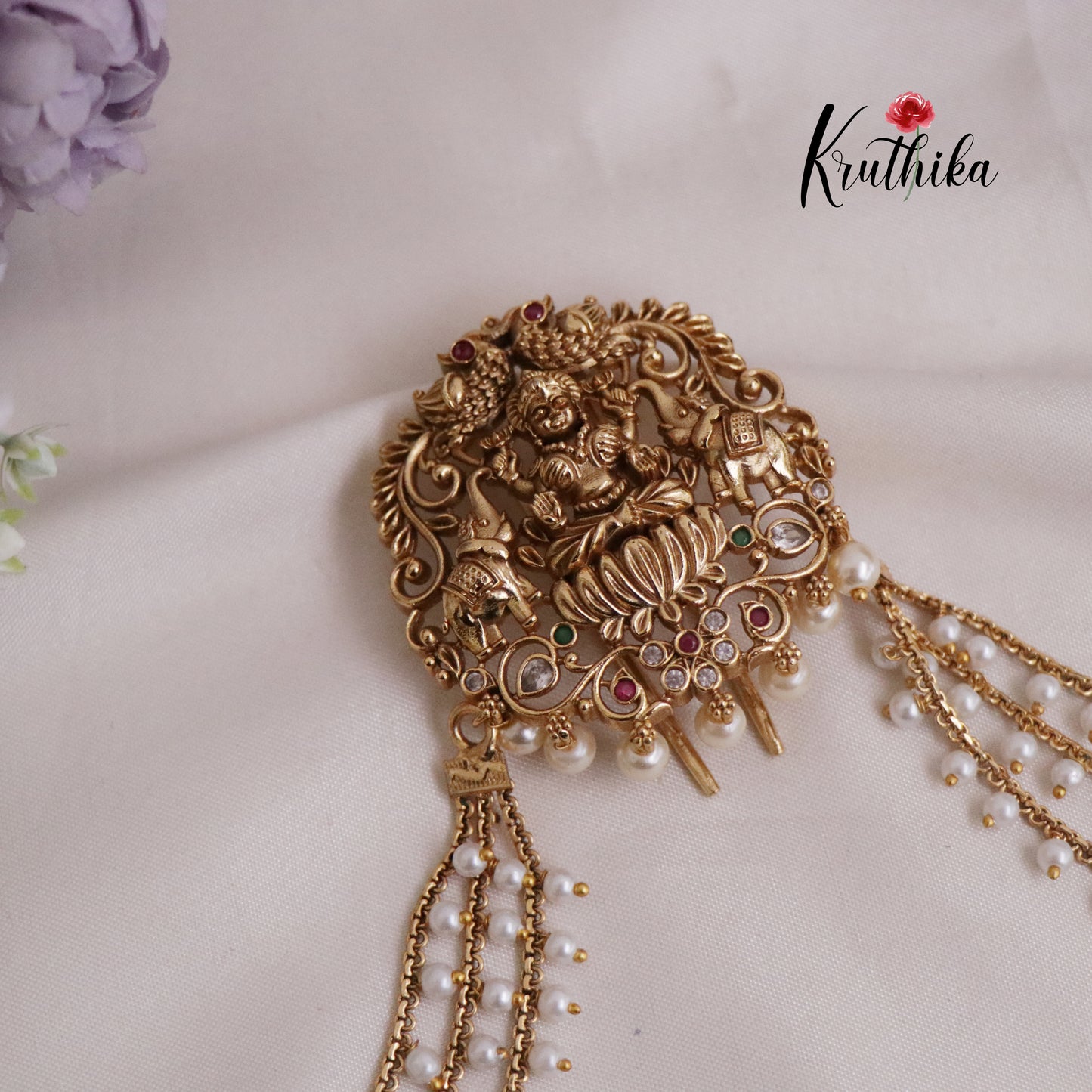 Traditional Antique Lakshmi Elephant Motifs Jada Billa With Triple Strand Pearl Bead Chains J279