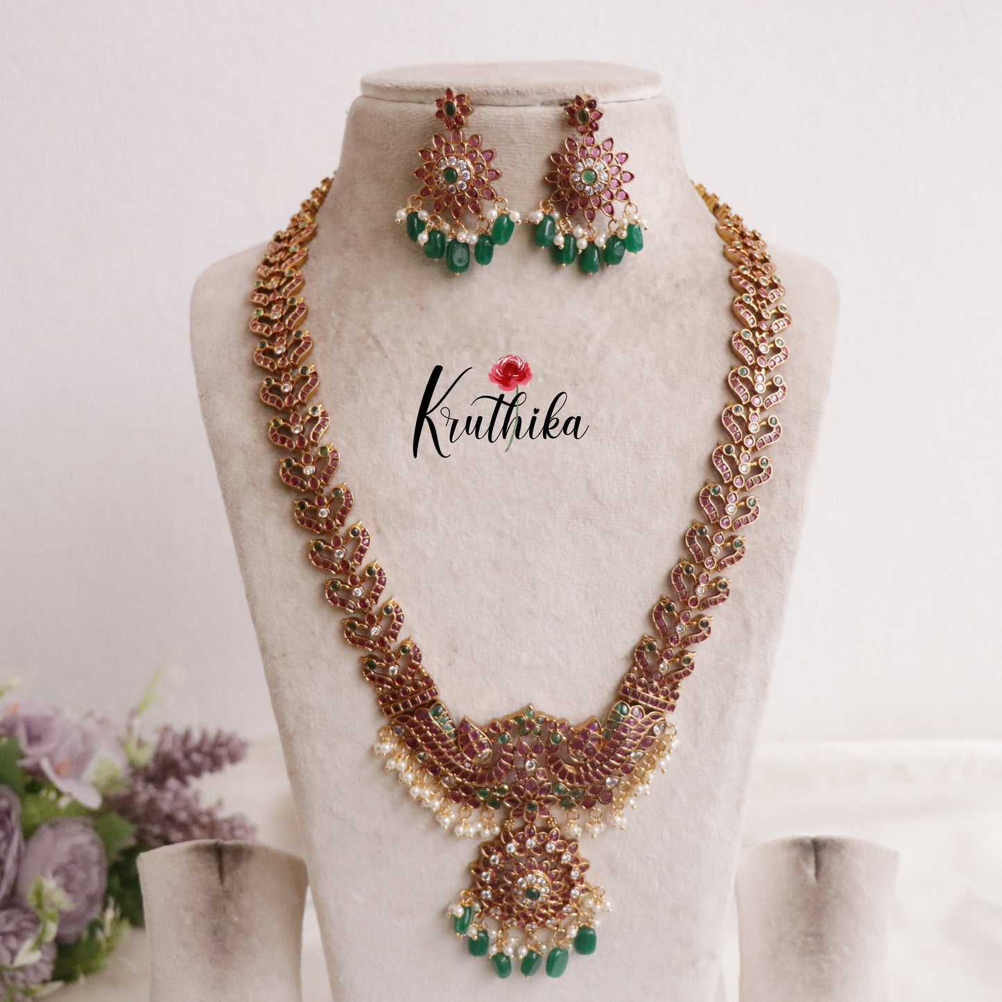 Premium Antique Kemp Peacock Long Haaram with Green Beads Drops LH1928