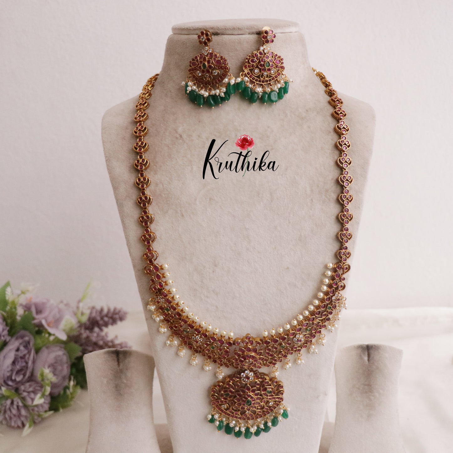 Grand Antique Kemp Pushpika Haaram with Green Beads Drops LH1933