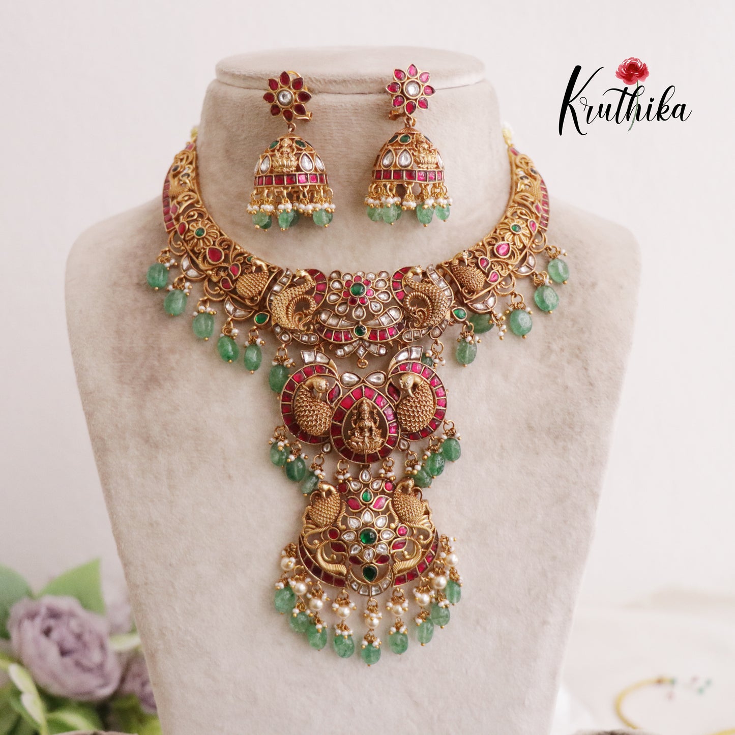 Royal Bridal Peacock Temple Lakshmi Antique Jadau Necklace with Green Beads Drops NC2102
