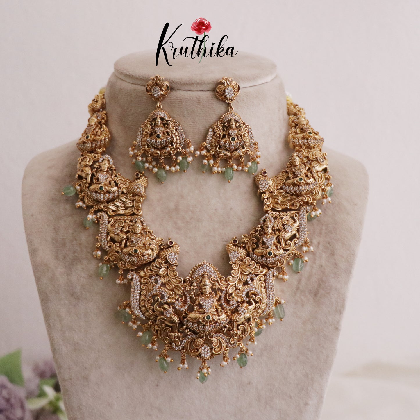 Grand Heavy Bridal CZ Temple Lakshmi with Peacocks Haaram with Pastel Green Beads NC2113