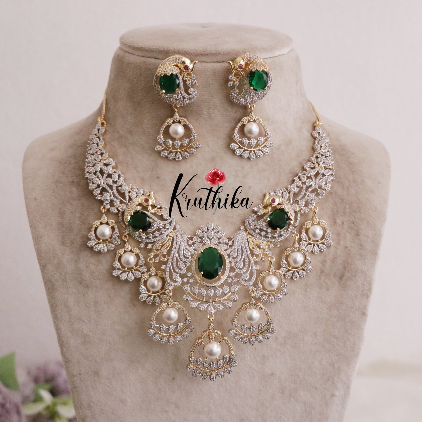 Grand CZ Pearl Bridal Empress Emerald Graceful Drops Necklace Set NC2091