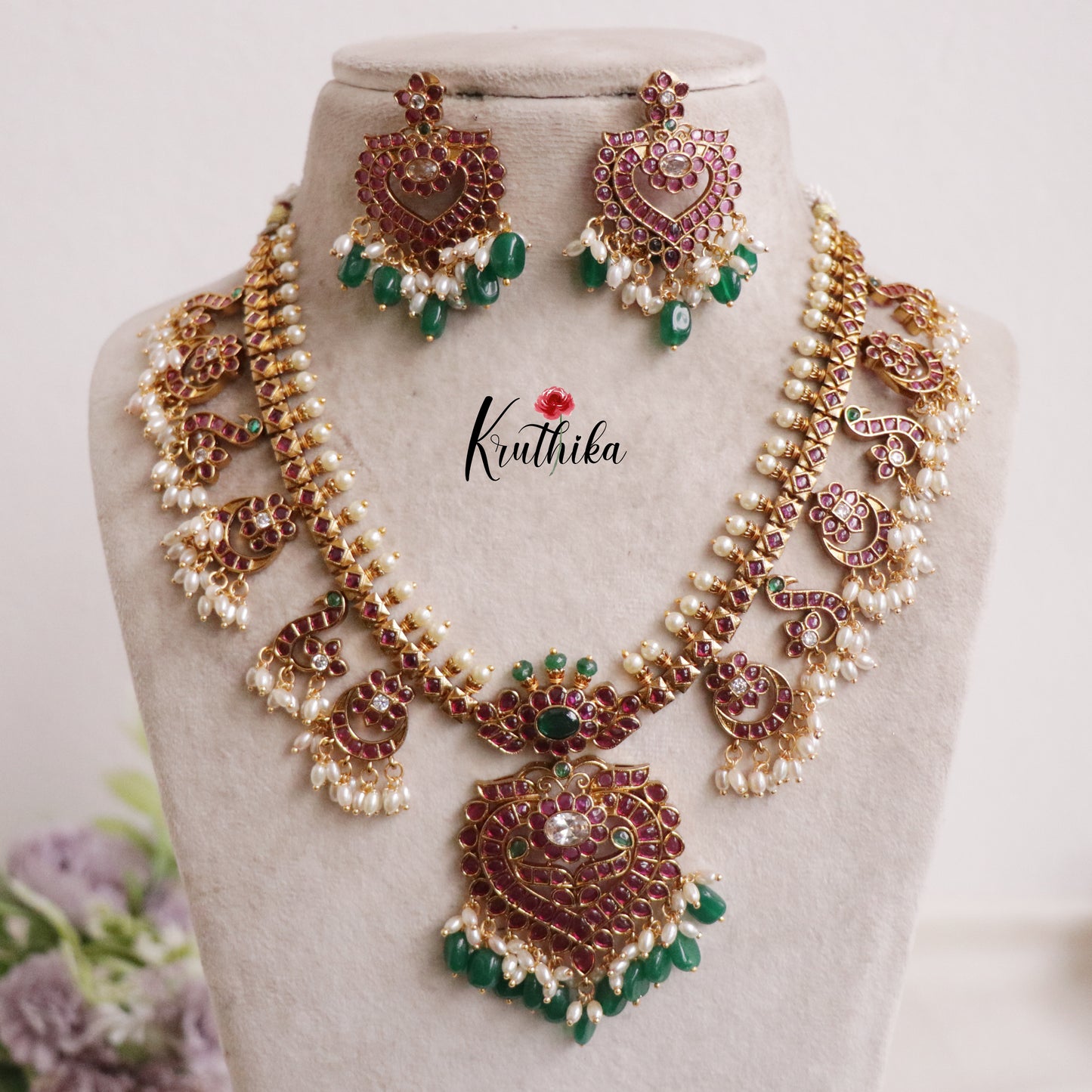 Royal Mayuri Antique Kemp Peacock Necklace with Green Beads drops NC2142
