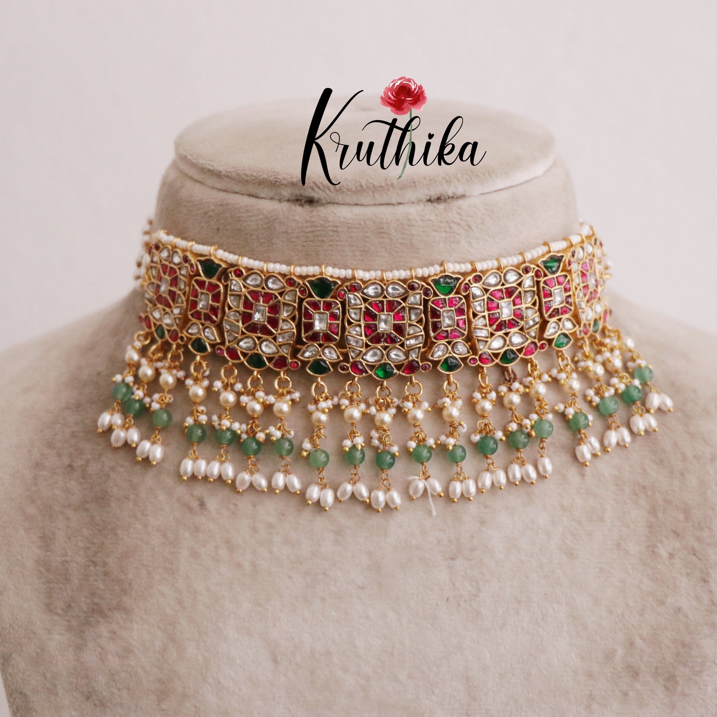 Elegant Ruby & Emerald Kundan Jadau Choker with Pearl Drops NC2099