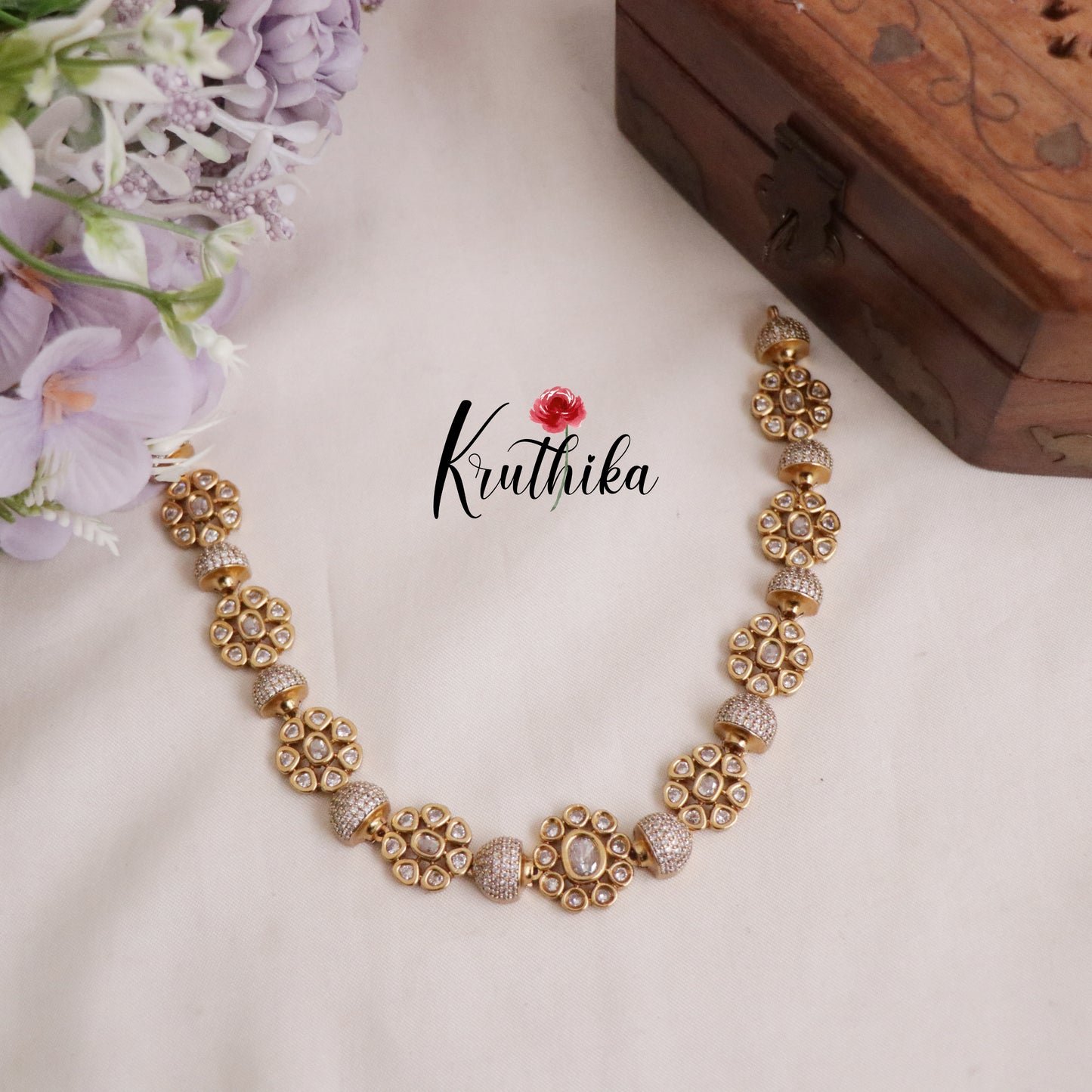 Beautiful Gold Plated Floral Kundan Stone Studded Necklace with Earrings NC2083 (Available in 3 Colours)