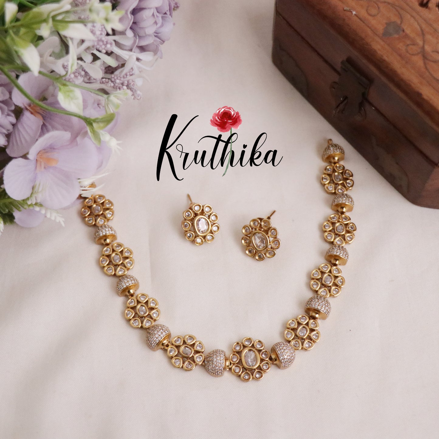Beautiful Gold Plated Floral Kundan Stone Studded Necklace with Earrings NC2083 (Available in 3 Colours)
