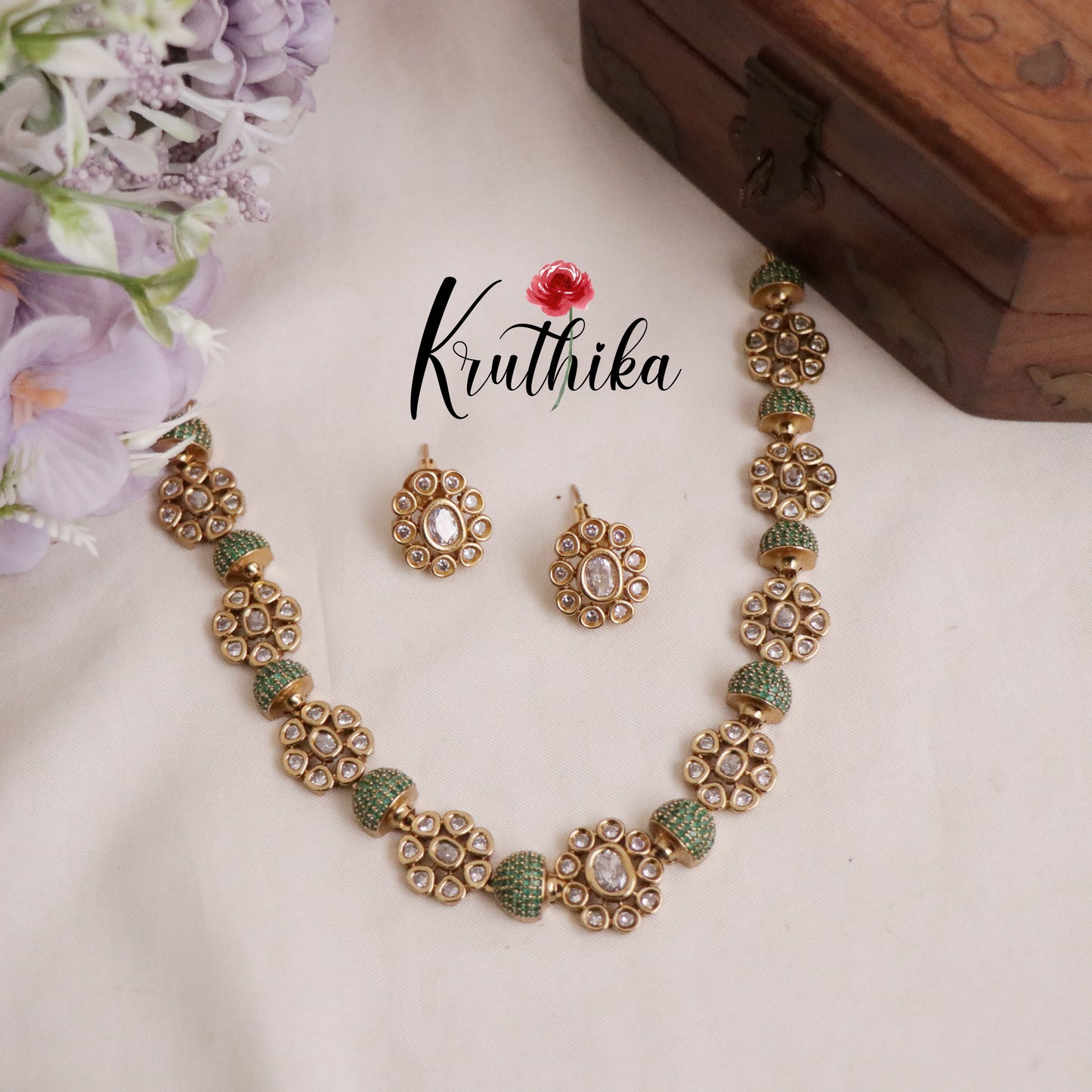 Beautiful Gold Plated Floral Kundan Stone Studded Necklace with Earrings NC2083 (Available in 3 Colours)
