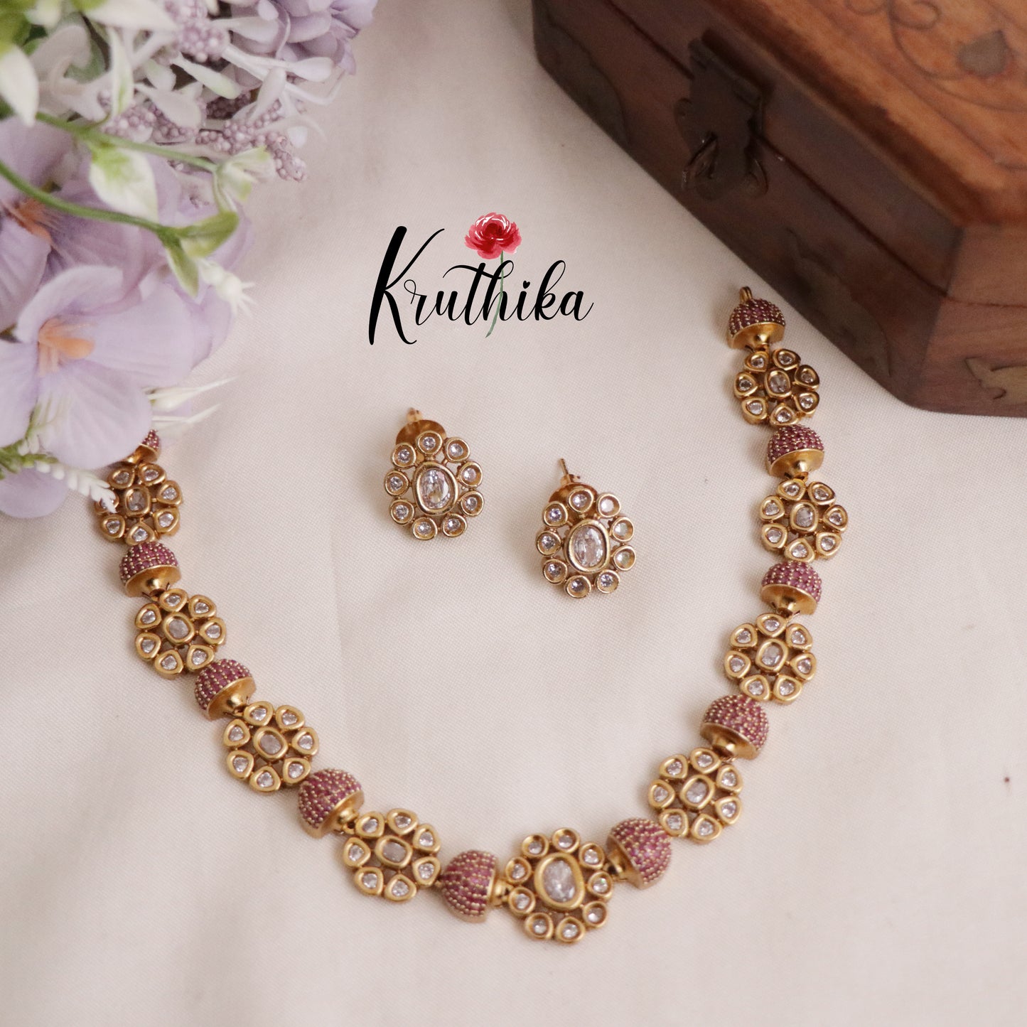 Beautiful Gold Plated Floral Kundan Stone Studded Necklace with Earrings NC2083 (Available in 3 Colours)