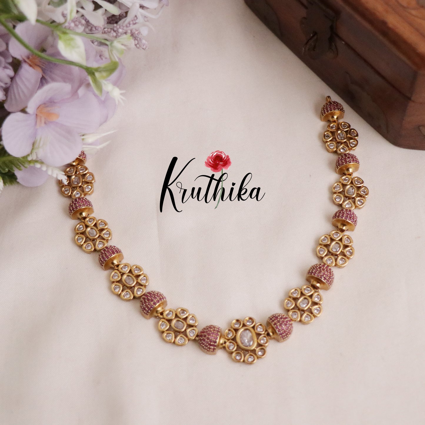 Beautiful Gold Plated Floral Kundan Stone Studded Necklace with Earrings NC2083 (Available in 3 Colours)