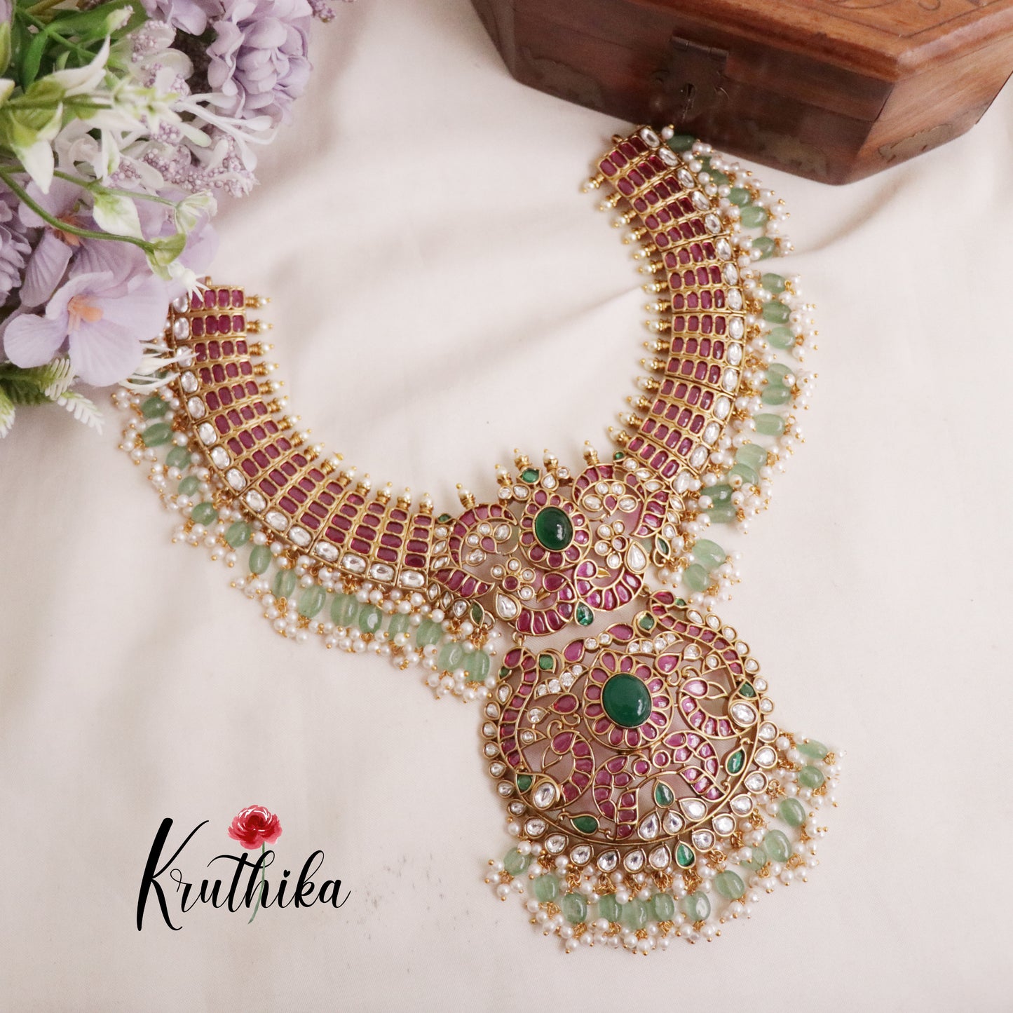 Royal Bridal Jadau Peacock Jadau Necklace with Geen Beads NC2088