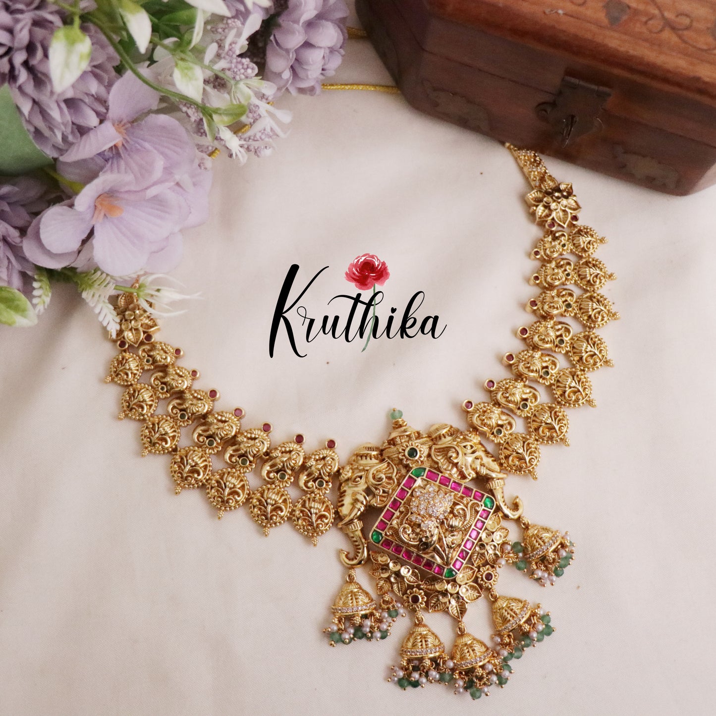 Grand Elephant Antique Jadau Necklace and Jhumka Drops NC2086