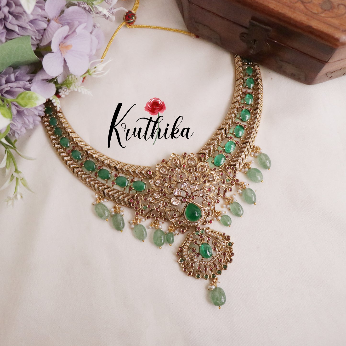 Beautiful AD Victorian Necklace with Golden Beads Nc1979 (Available in 2 Colours)