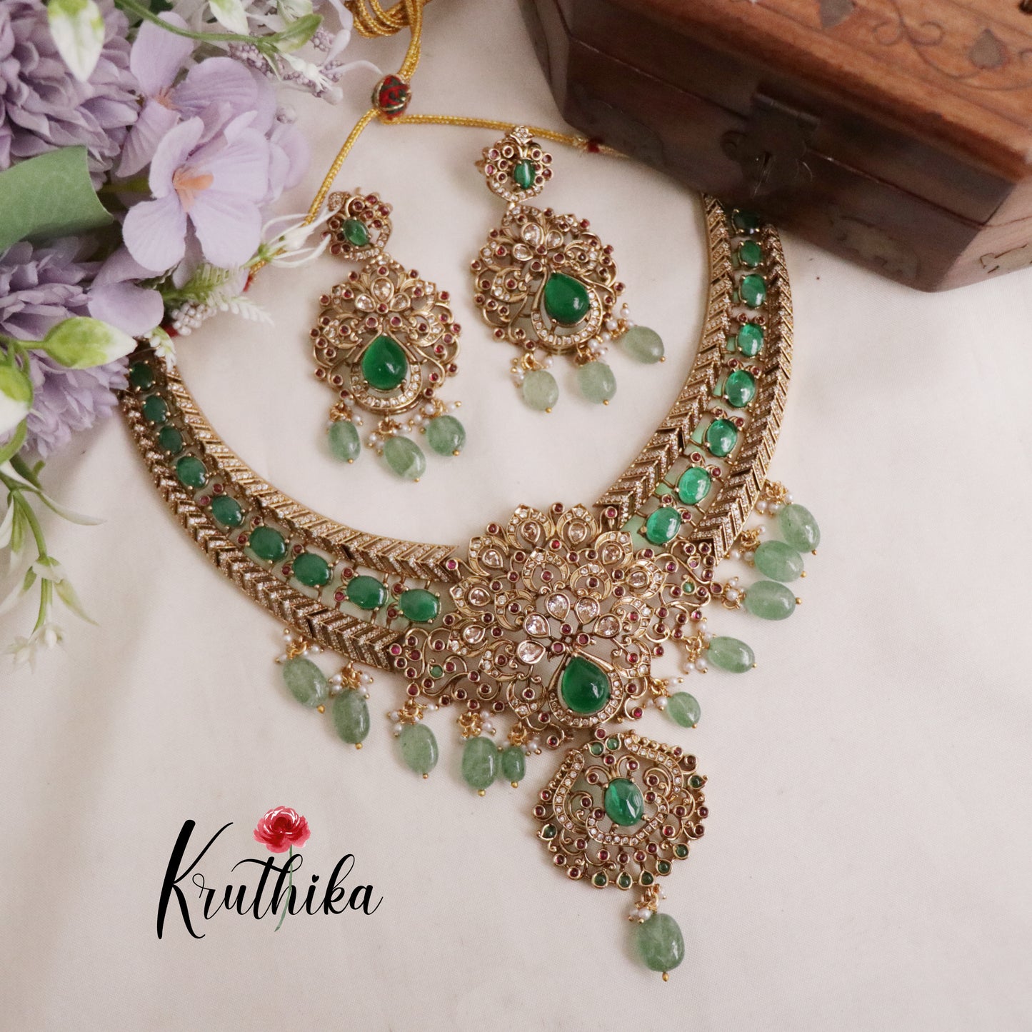 Beautiful AD Victorian Necklace with Golden Beads Nc1979 (Available in 2 Colours)