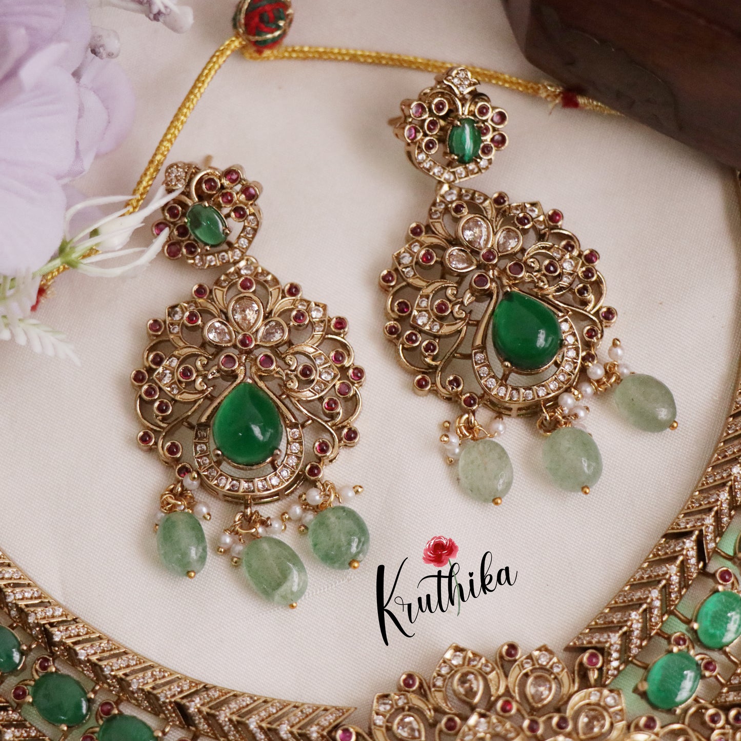 Beautiful AD Victorian Necklace with Golden Beads Nc1979 (Available in 2 Colours)