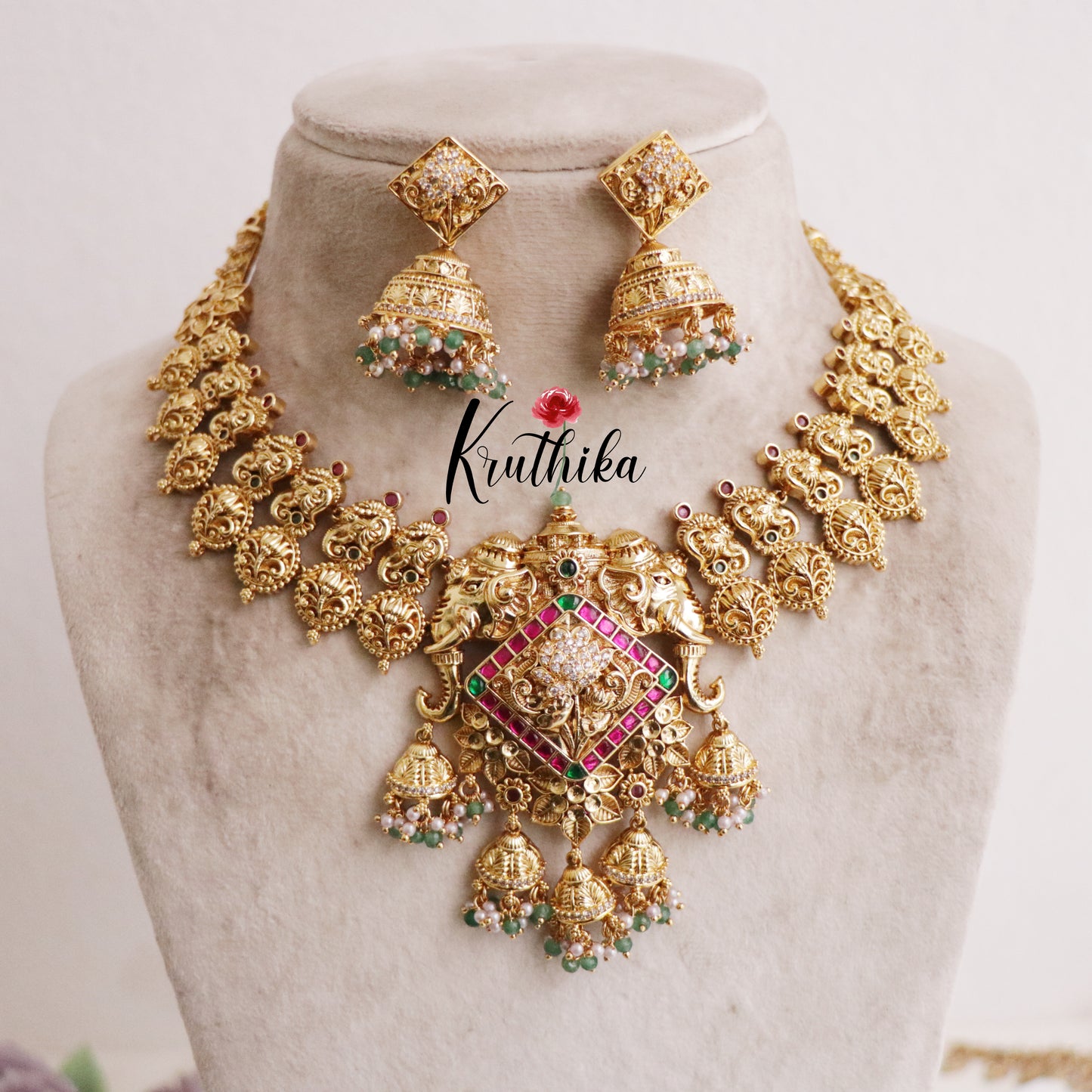 Grand Elephant Antique Jadau Necklace and Jhumka Drops NC2086
