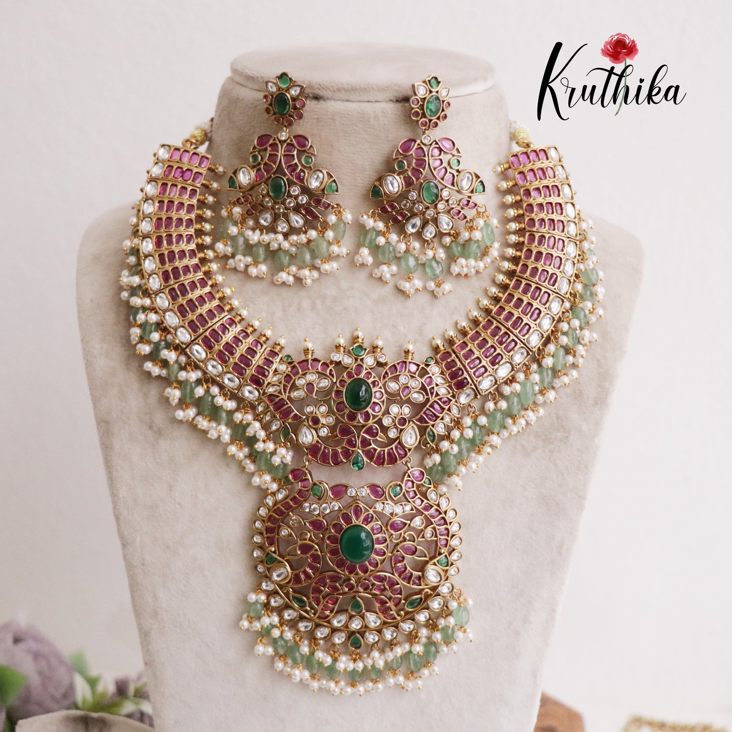Royal Bridal Jadau Peacock Jadau Necklace with Geen Beads NC2088