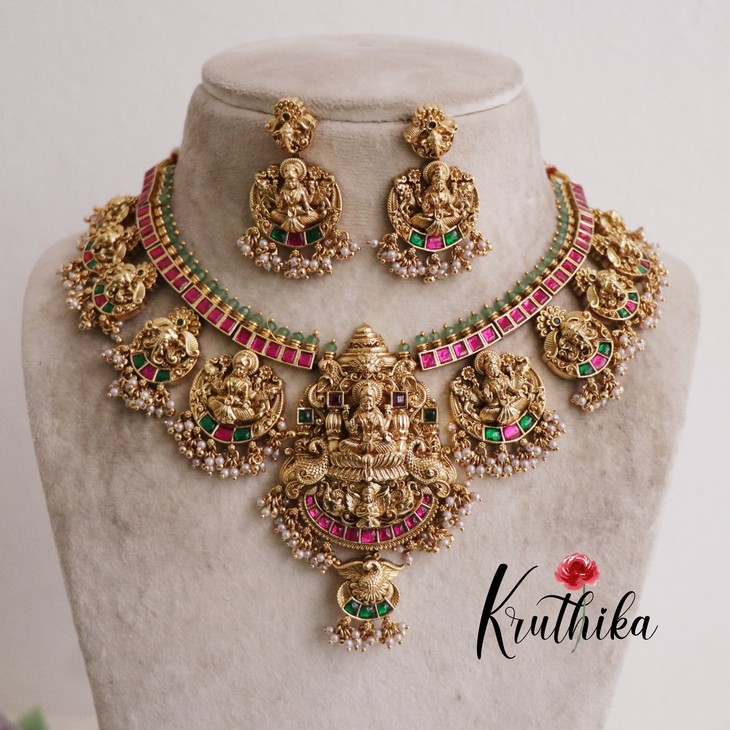 Premium Bridal Antique Jadau Temple Lakshmi Necklace Set NC2087