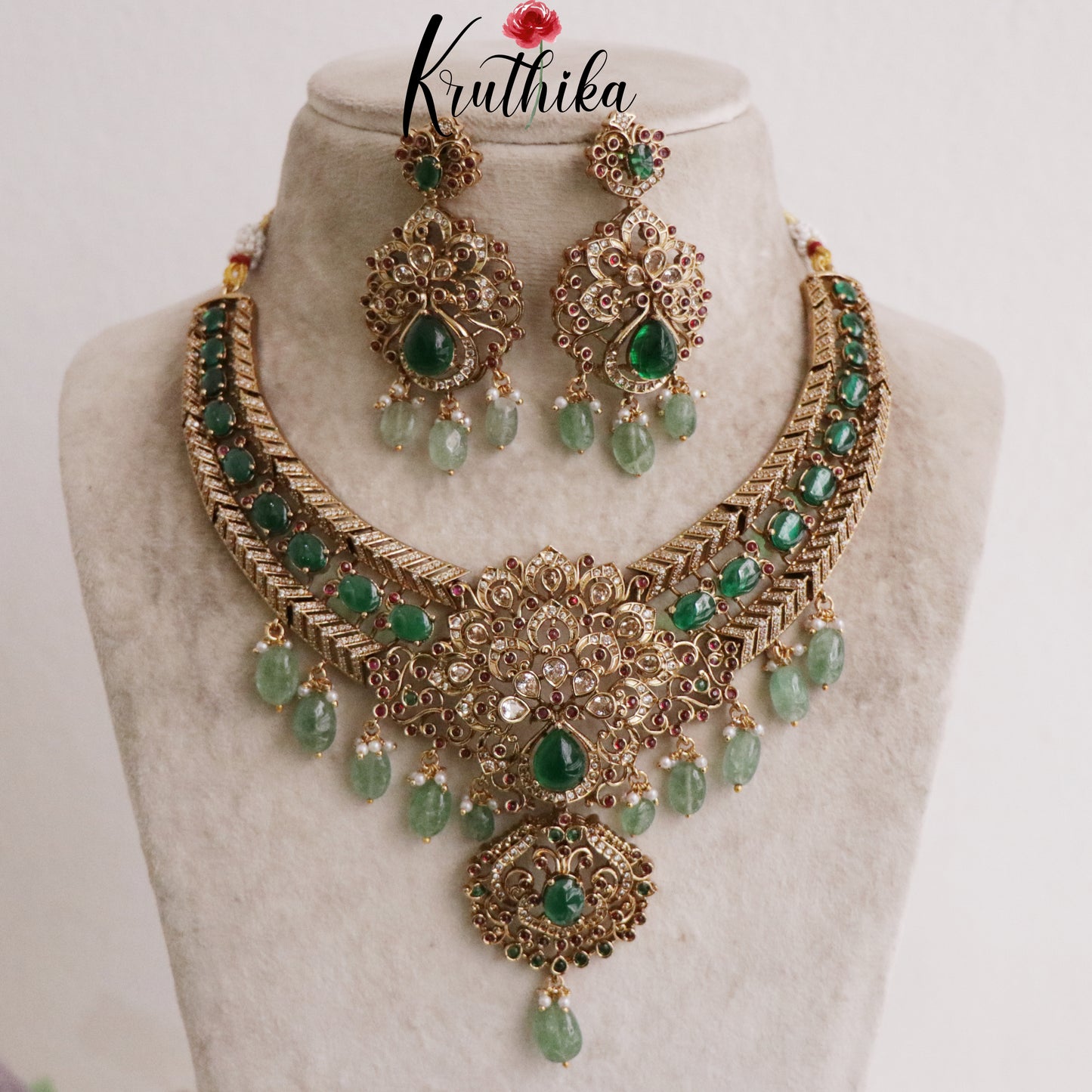 Beautiful AD Victorian Necklace with Golden Beads Nc1979 (Available in 2 Colours)