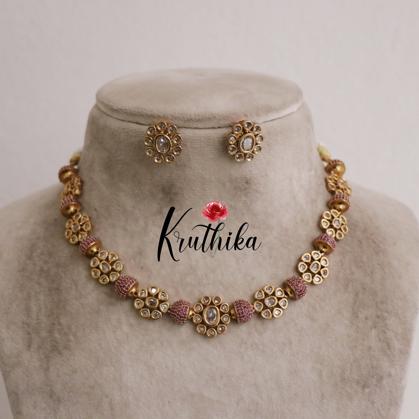 Beautiful Gold Plated Floral Kundan Stone Studded Necklace with Earrings NC2083 (Available in 3 Colours)