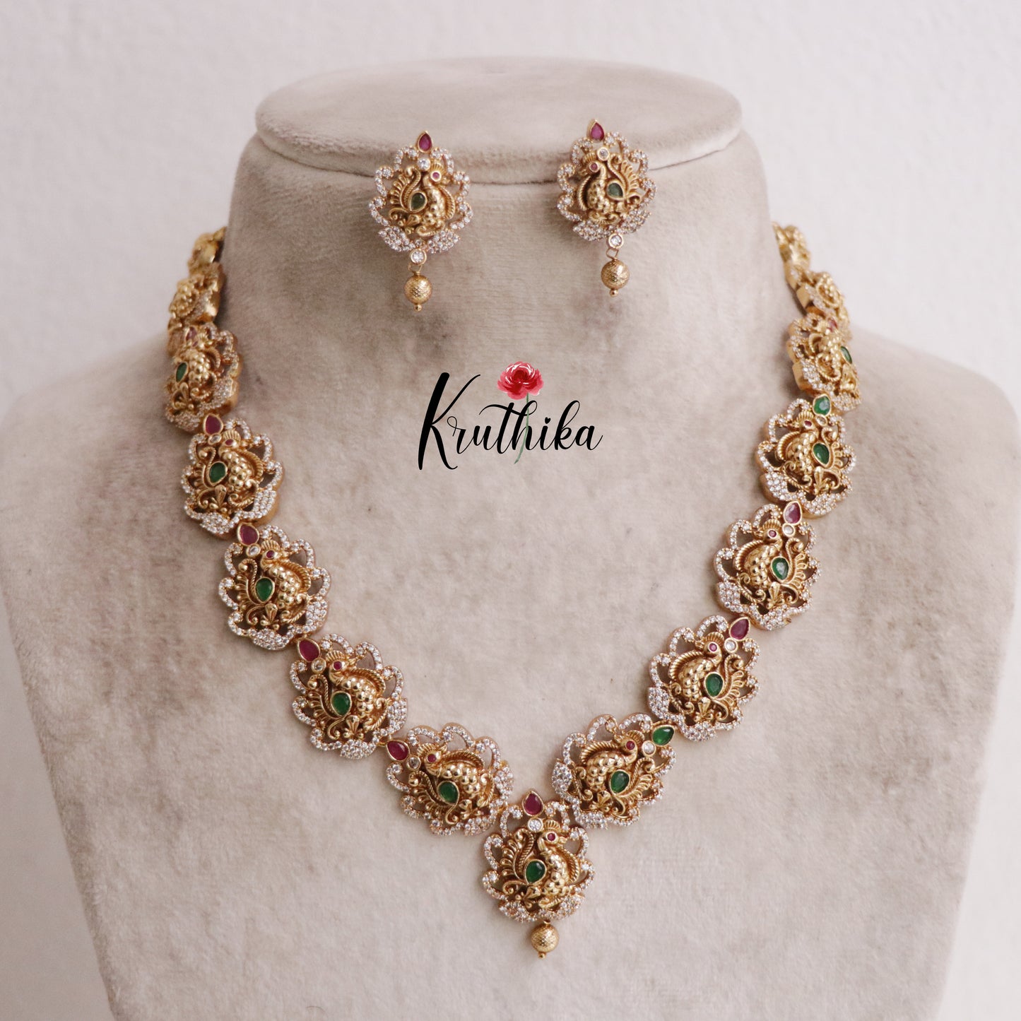 Beautiful Peacock Emerald Ruby Floral Necklace NC2085